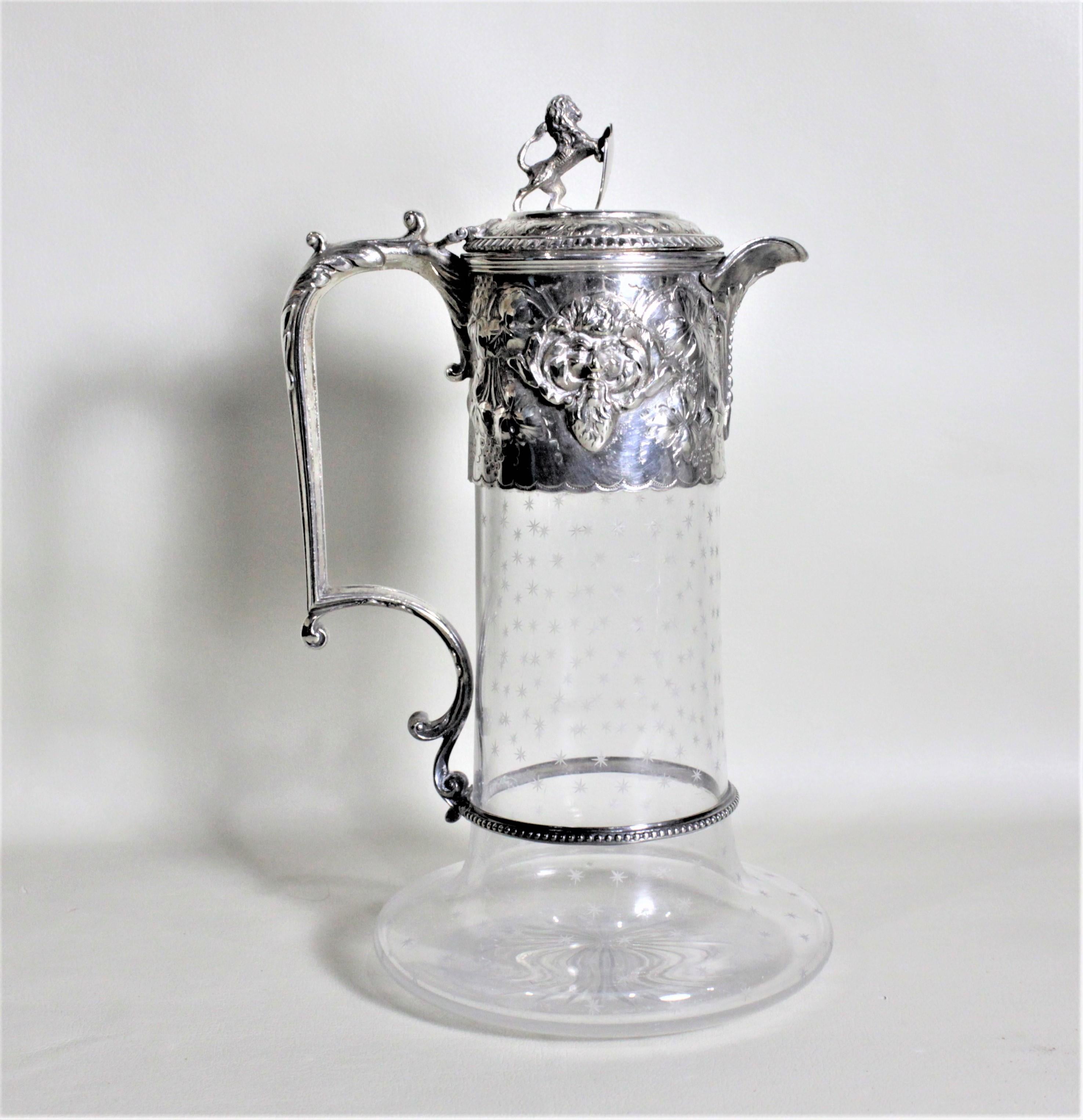 Cast Antique English Silver Plated and Cut Glass Claret Jug or Decanter For Sale