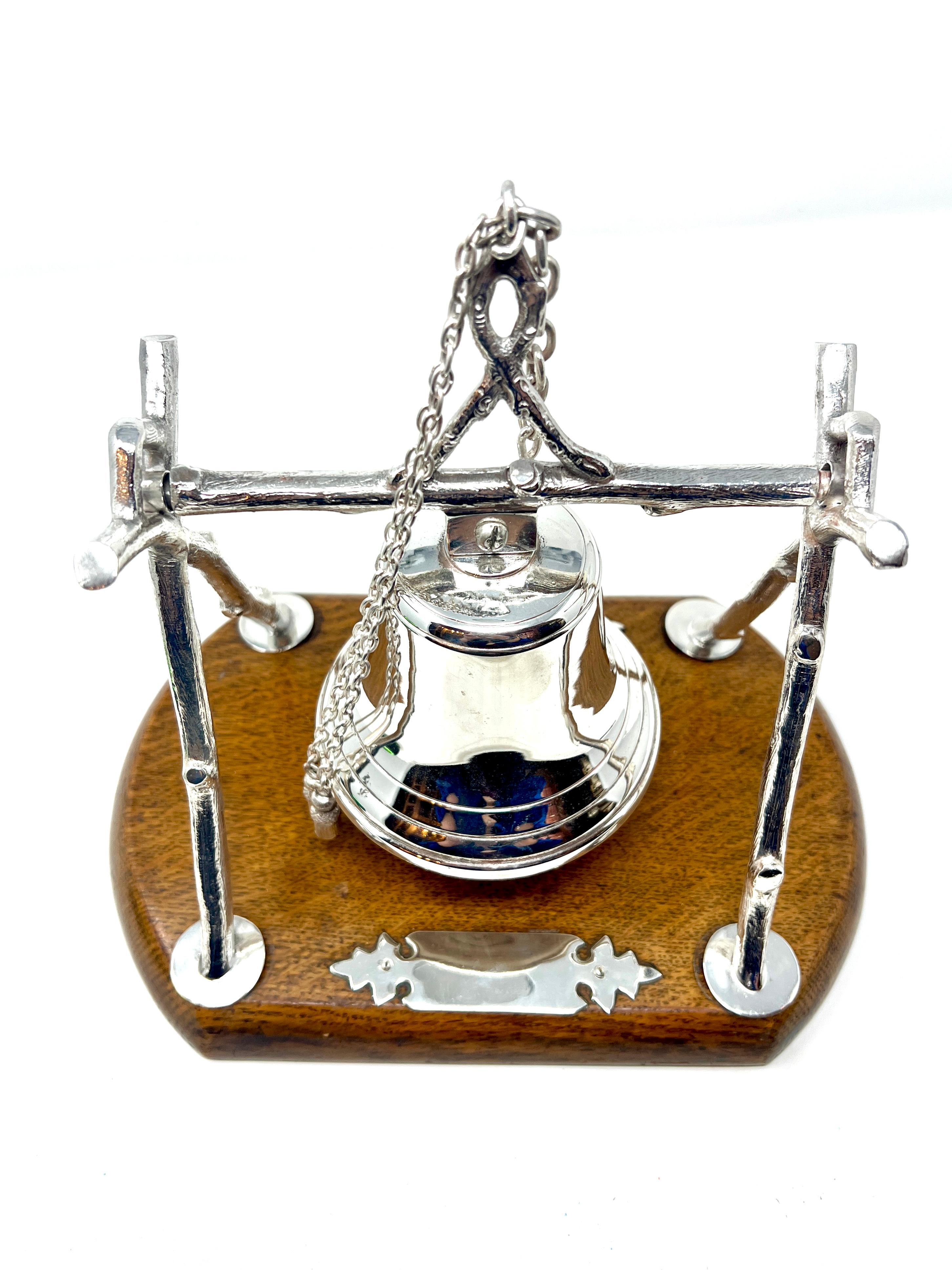 Antique English Silver Plated Dinner Bell Mounted on an Oak Base, Circa 1890-1900.