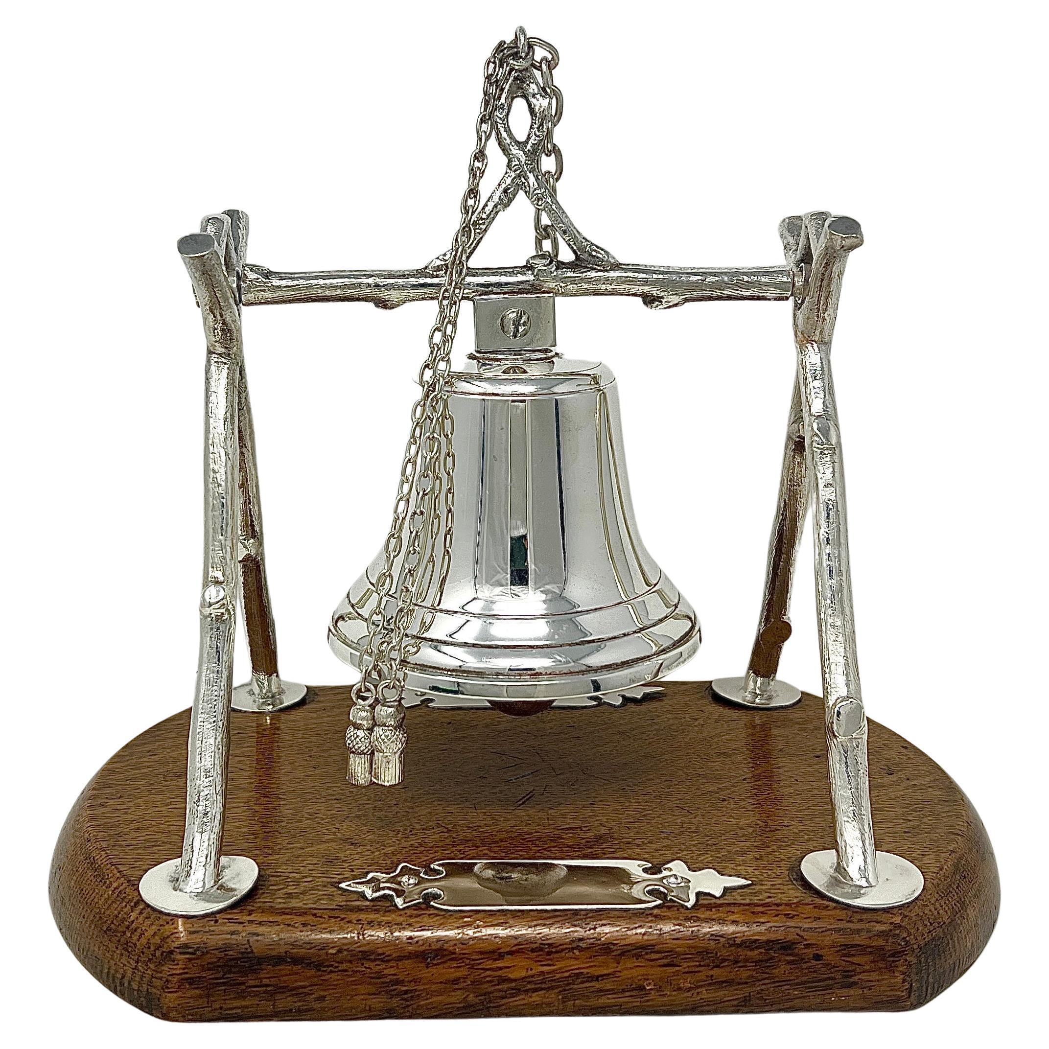 Antique English Silver Plated Dinner Bell Mounted on an Oak Base, Circa 1890's. For Sale