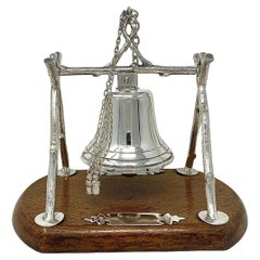Used English Silver Plated Dinner Bell Mounted on an Oak Base, Circa 1890's.