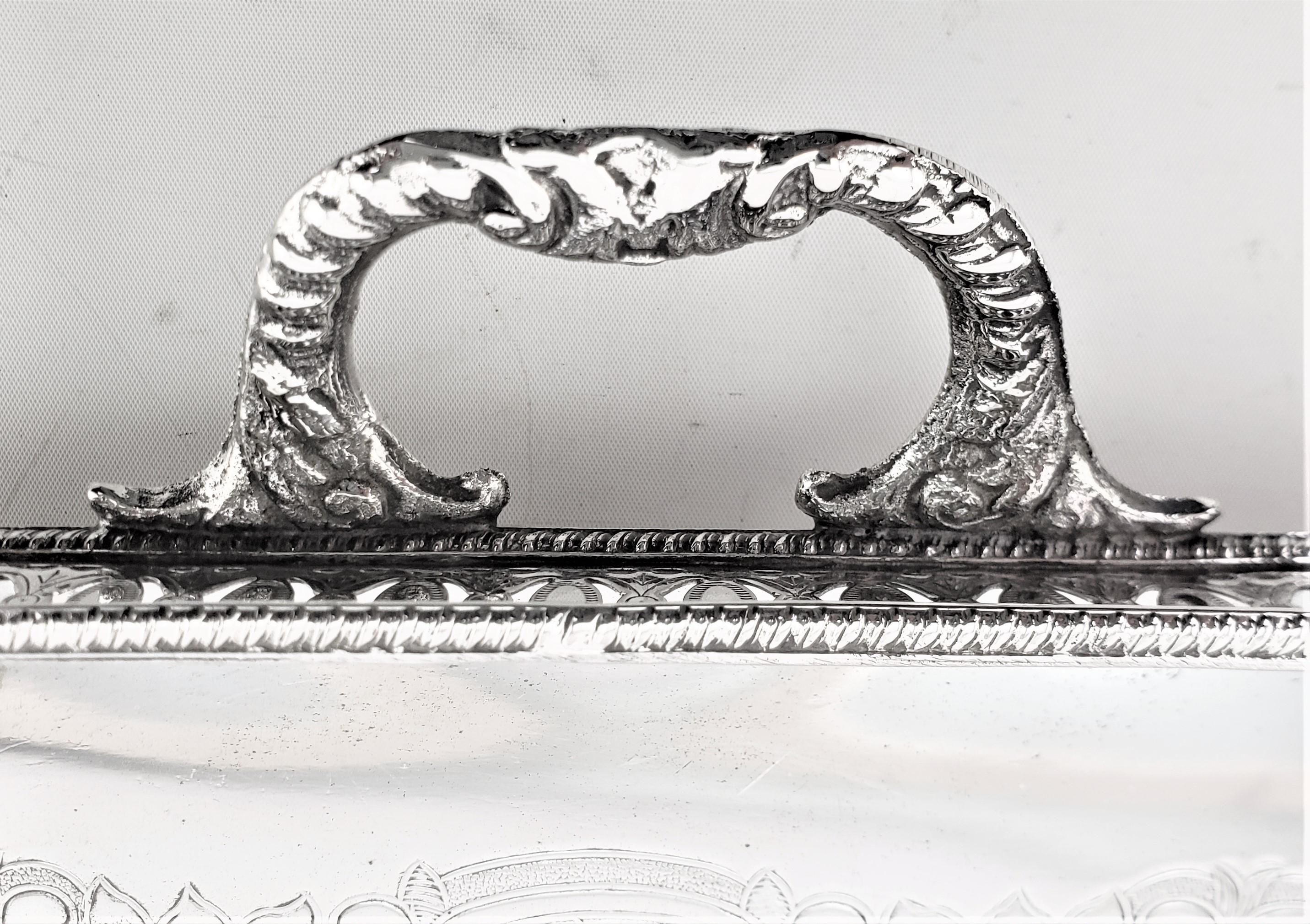 Antique English Silver Plated Footed Gallery Serving Tray with Floral Engraving 5