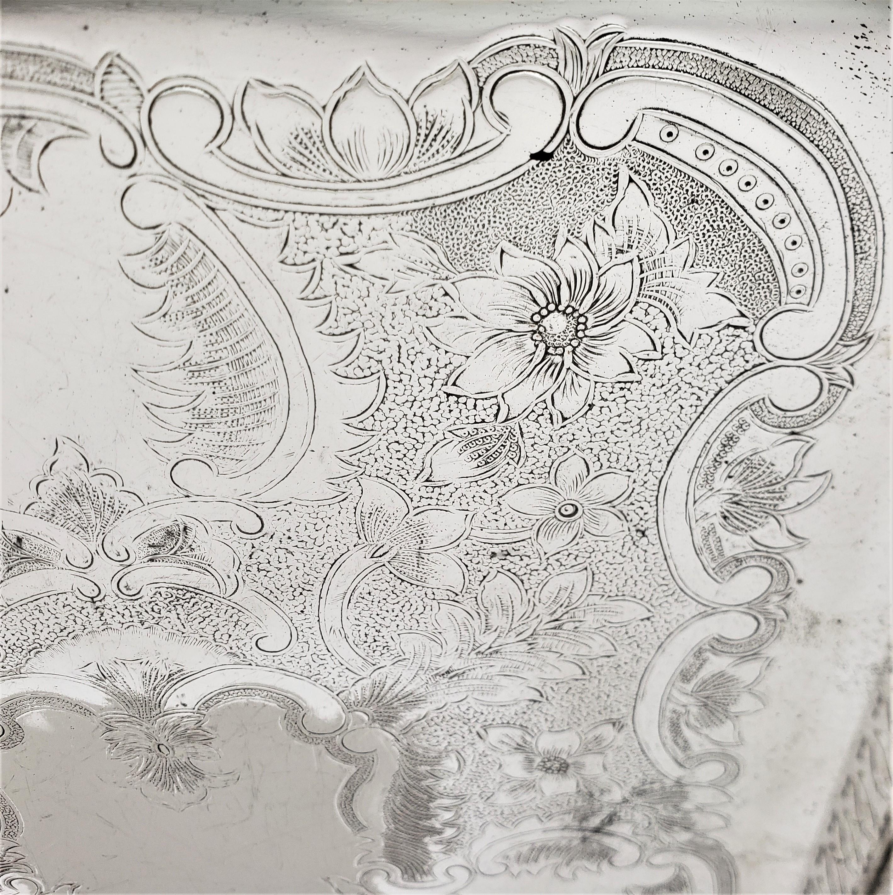Antique English Silver Plated Footed Gallery Serving Tray with Floral Engraving 6