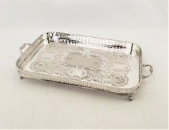 Antique English Silver Plated Footed Gallery Serving Tray with Floral Engraving