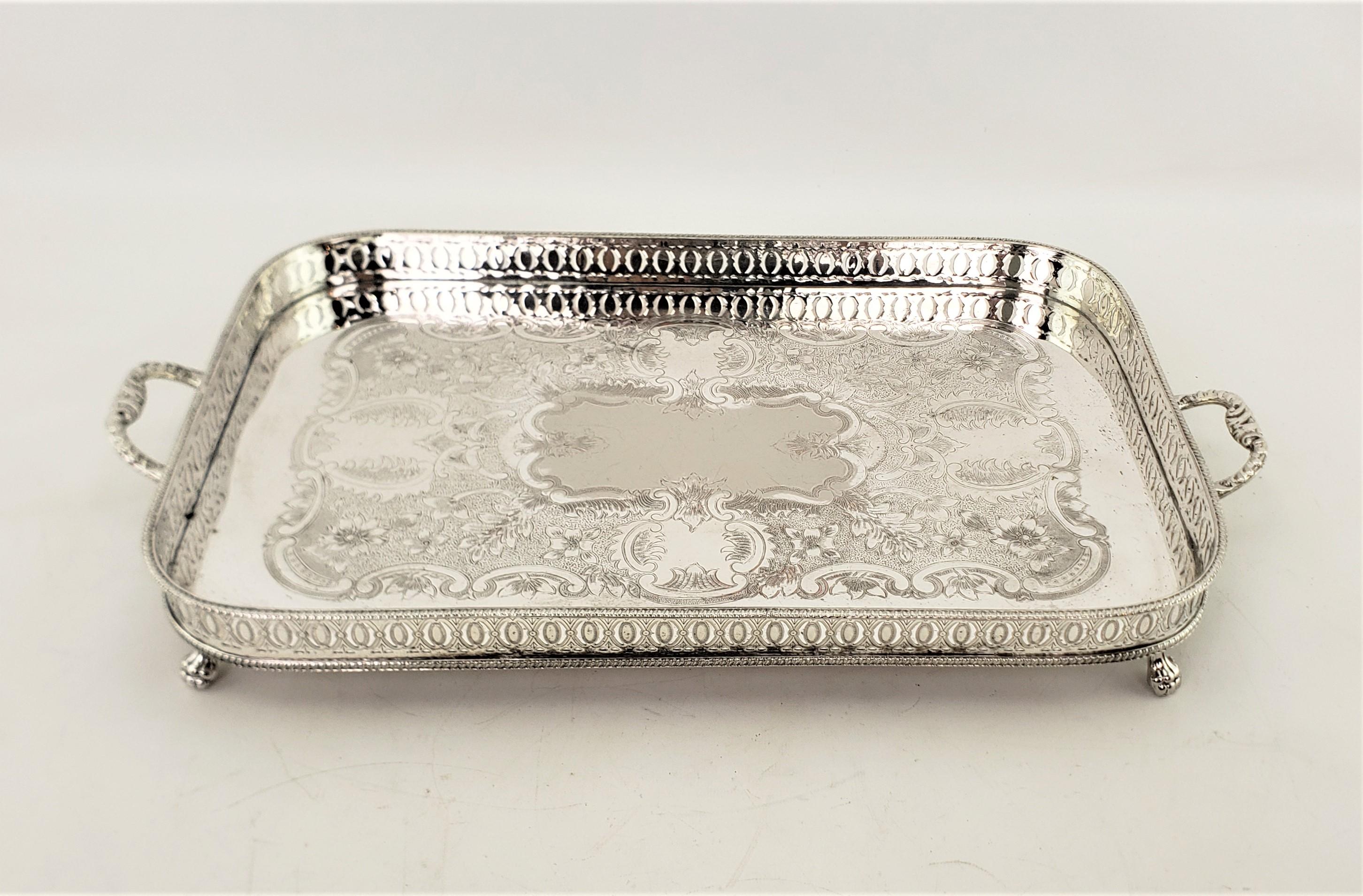 Art Deco Antique English Silver Plated Footed Gallery Serving Tray with Floral Engraving