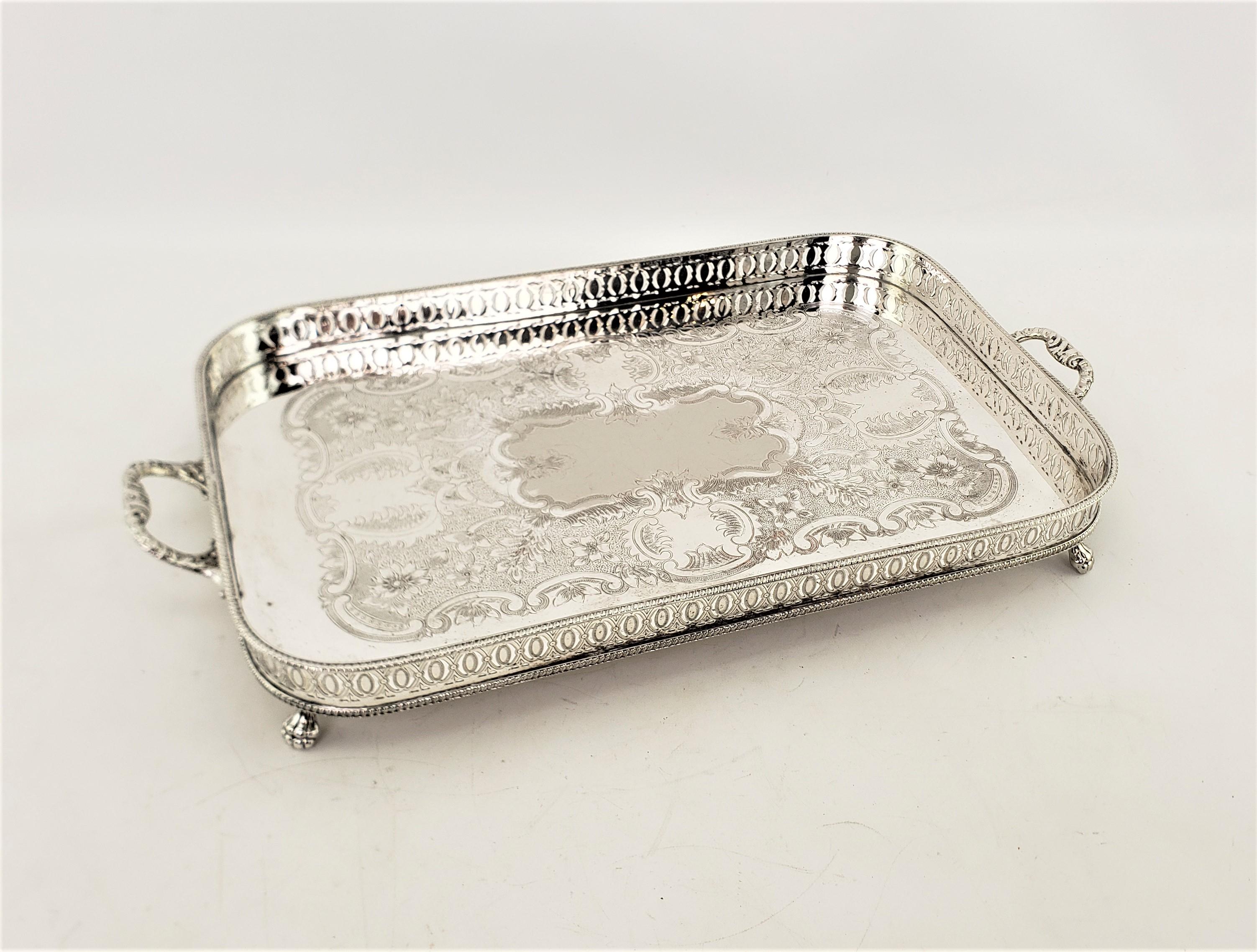 Machine-Made Antique English Silver Plated Footed Gallery Serving Tray with Floral Engraving