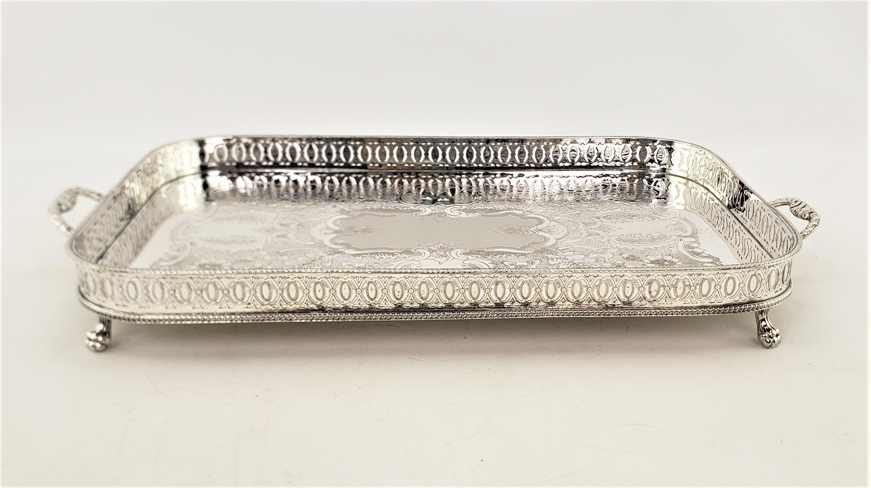 Antique English Silver Plated Footed Gallery Serving Tray with Floral Engraving In Good Condition In Hamilton, Ontario