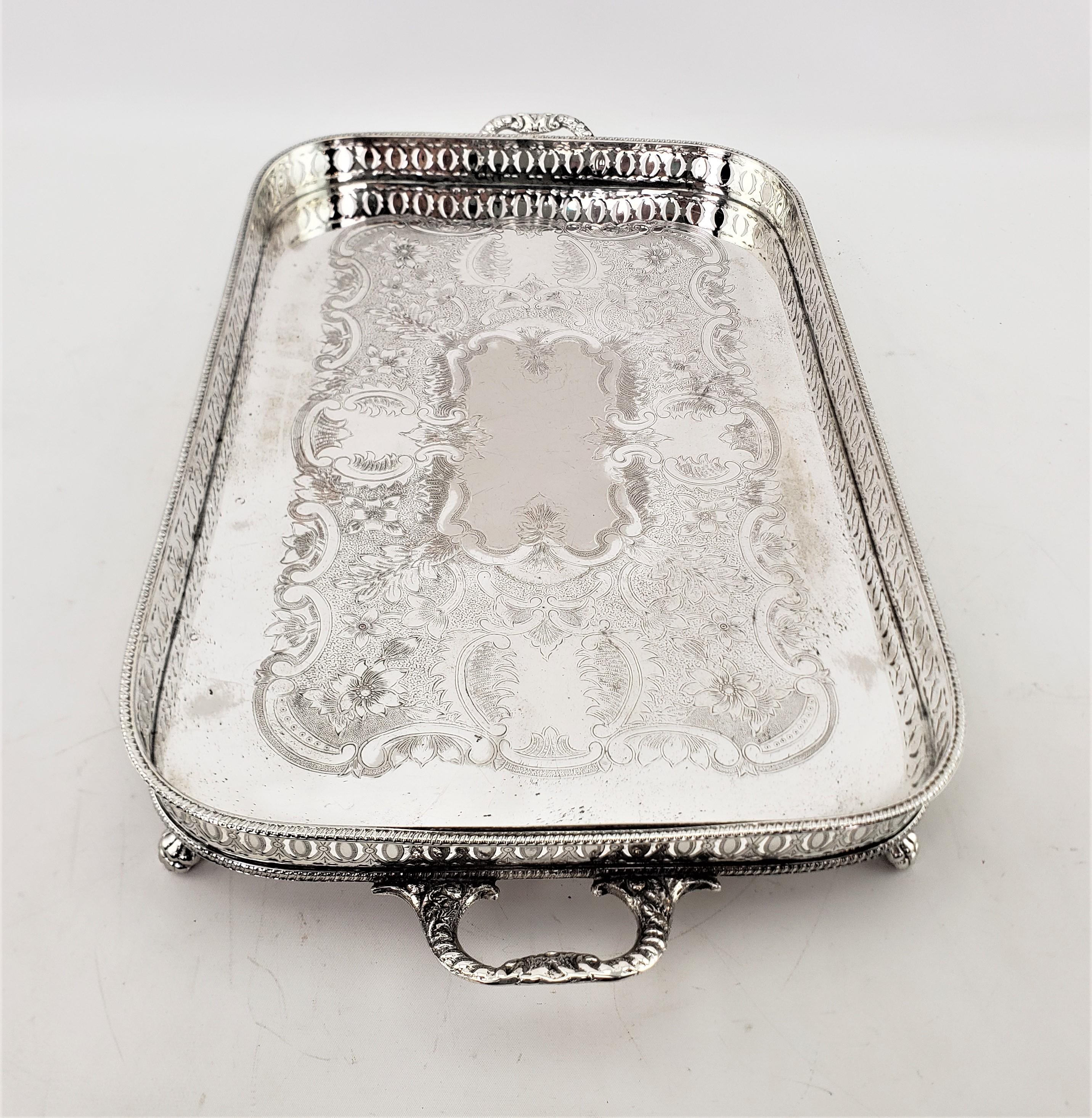 20th Century Antique English Silver Plated Footed Gallery Serving Tray with Floral Engraving