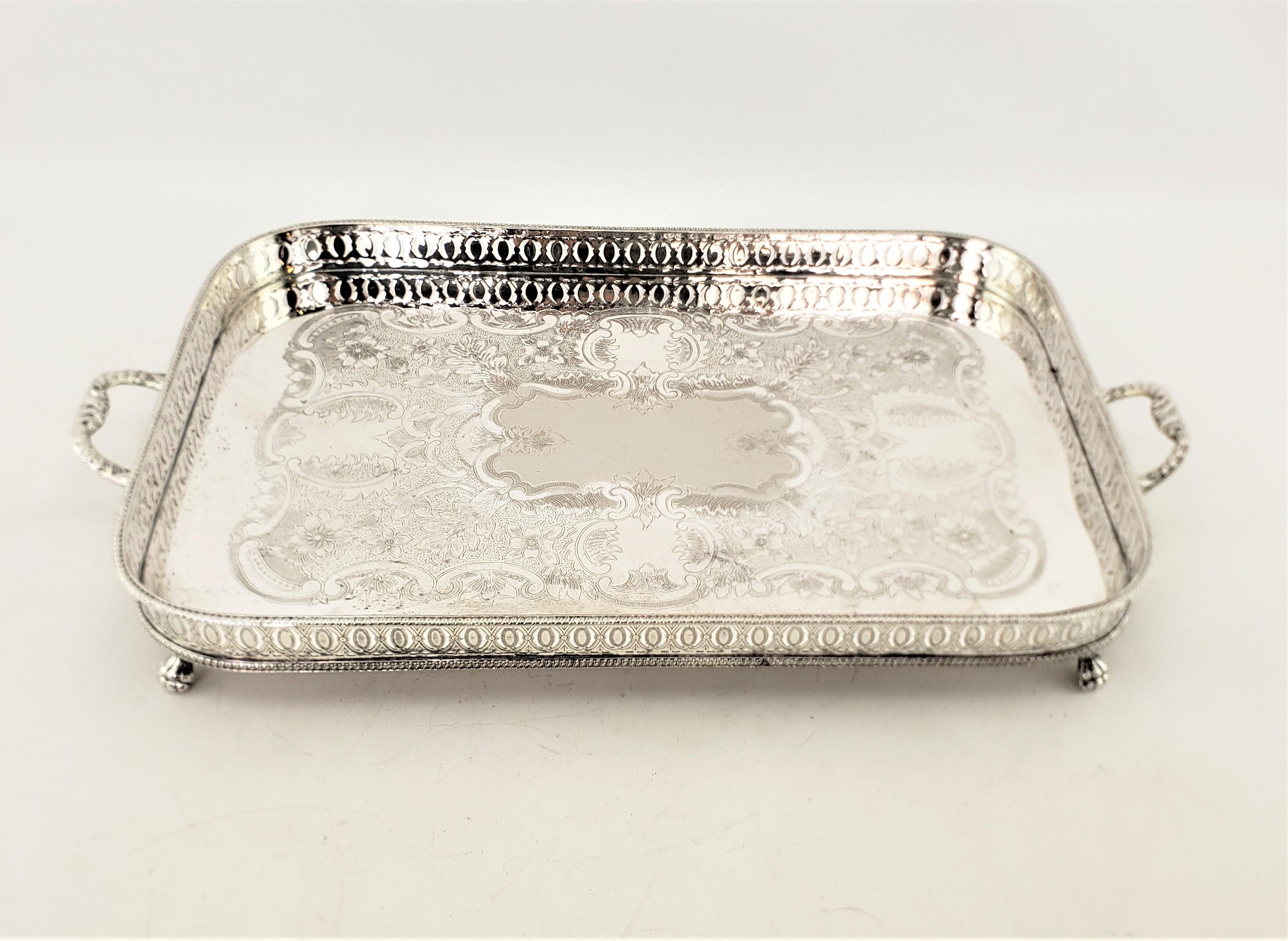 Antique English Silver Plated Footed Gallery Serving Tray with Floral Engraving 1