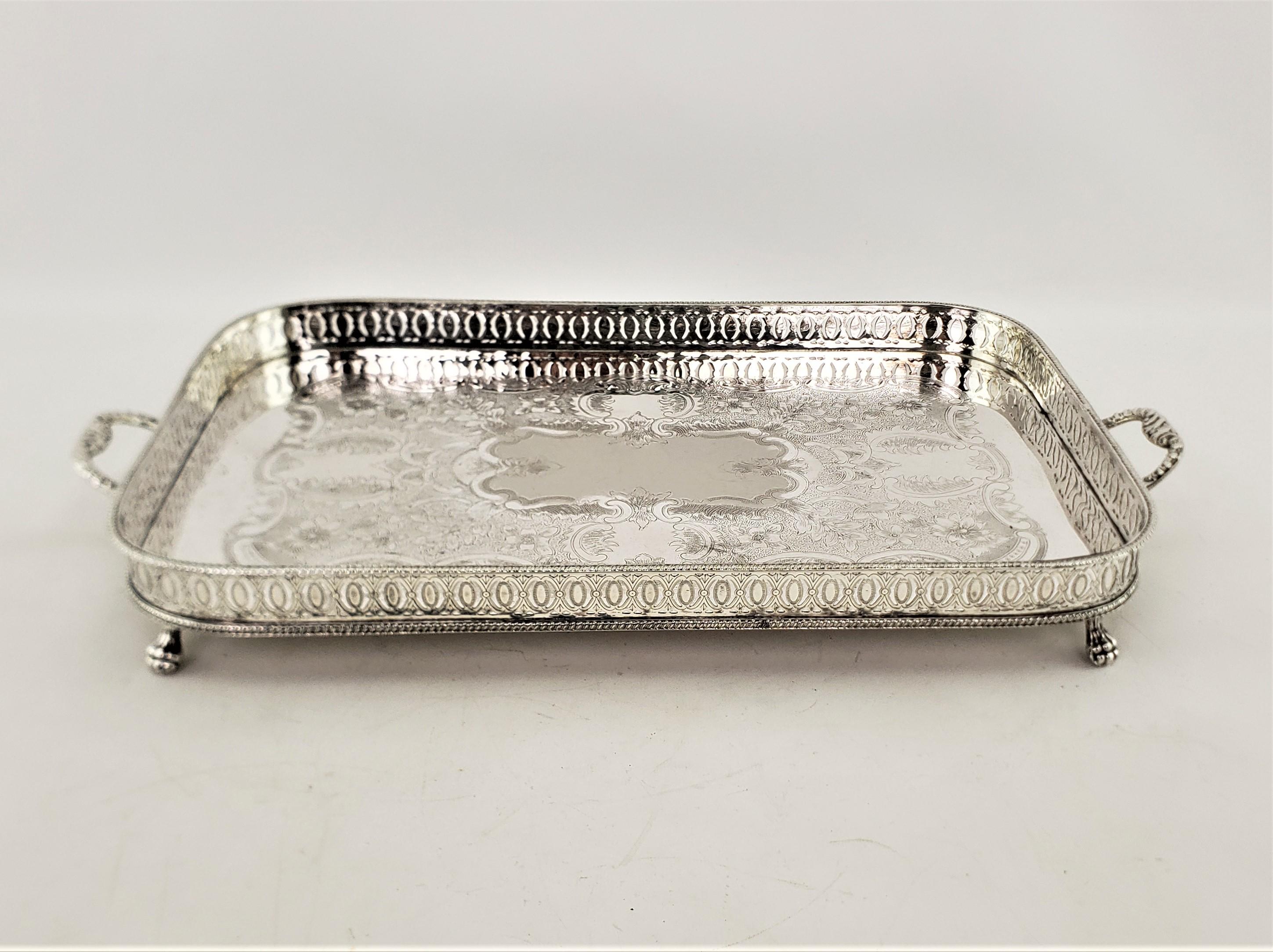 Antique English Silver Plated Footed Gallery Serving Tray with Floral Engraving 2