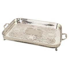 Antique English Silver Plated Footed Gallery Serving Tray with Floral Engraving