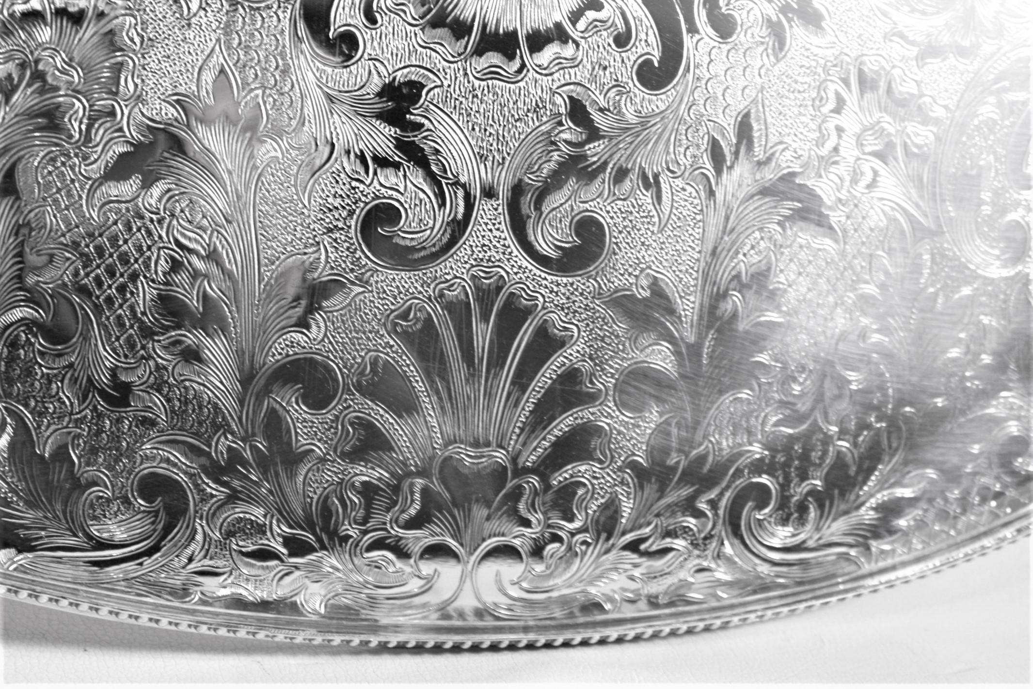 Antique English Silver Plated Footed Gallery Serving Tray with Ornate Engraving For Sale 4