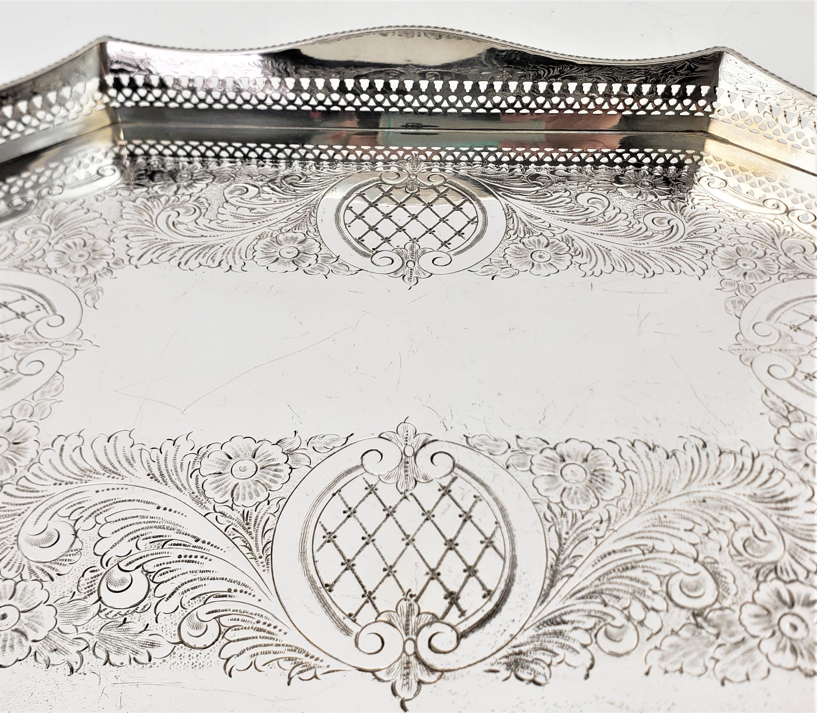 Antique English Silver Plated Footed Gallery Serving Tray with Ornate Engraving 2