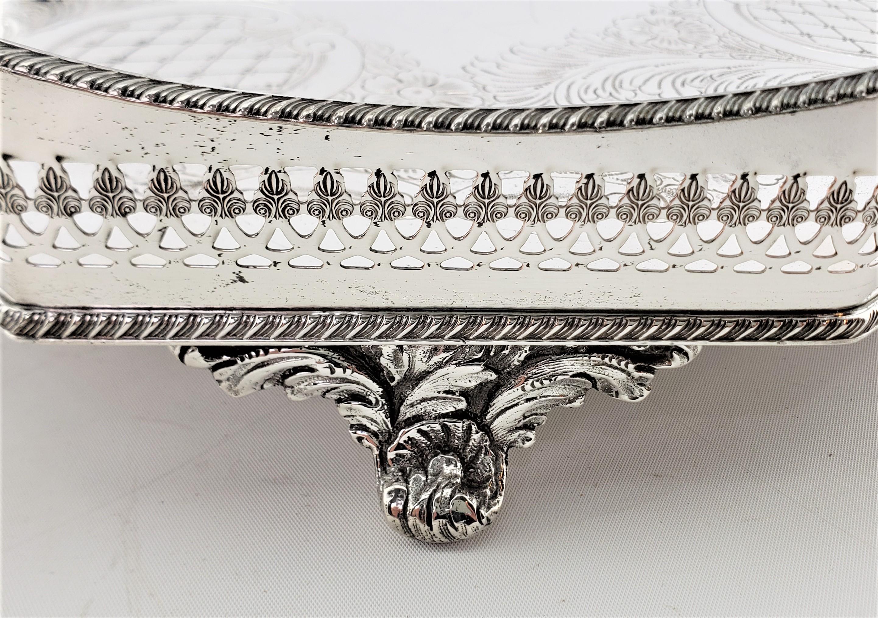 Antique English Silver Plated Footed Gallery Serving Tray with Ornate Engraving 4