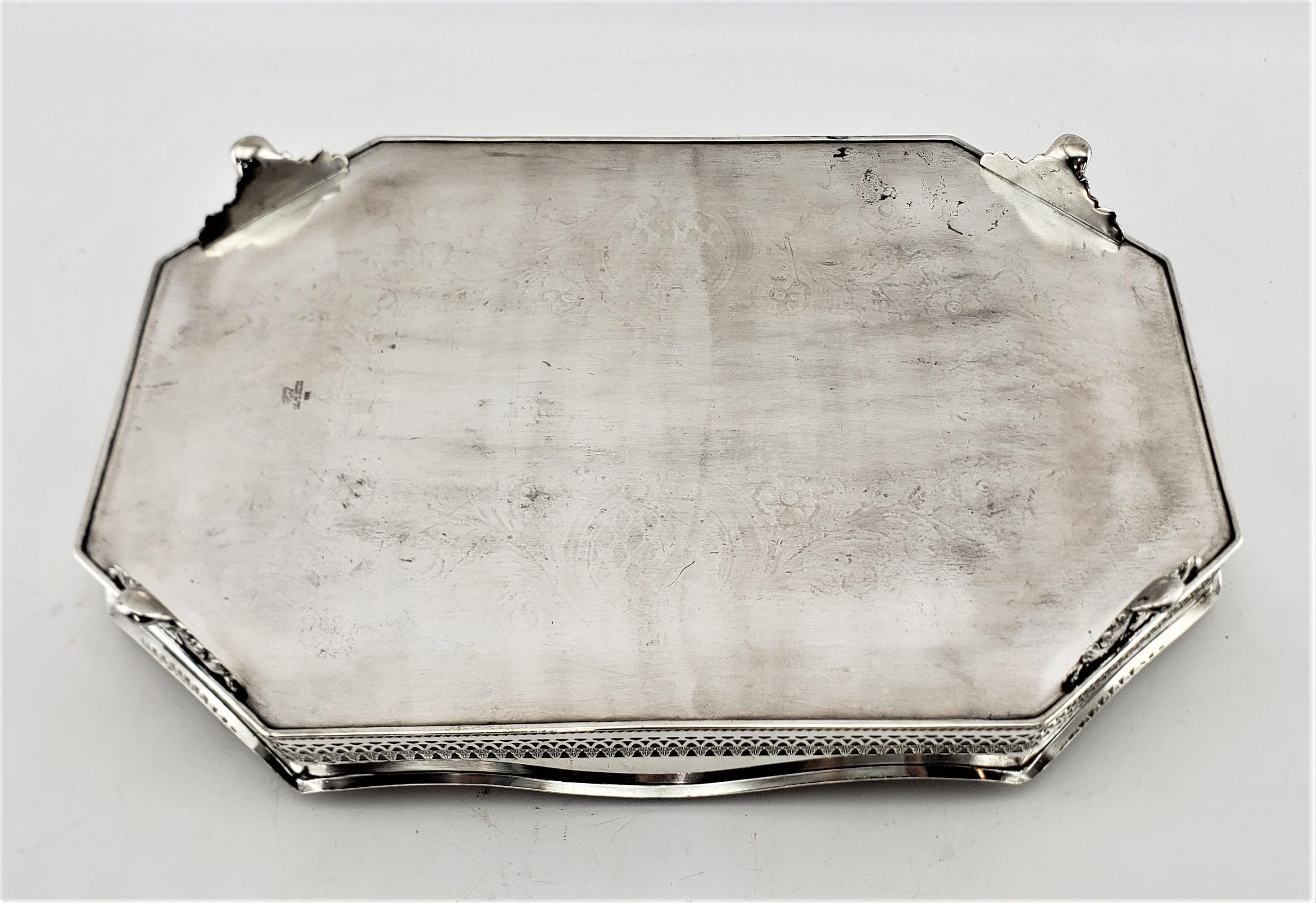 Antique English Silver Plated Footed Gallery Serving Tray with Ornate Engraving 5