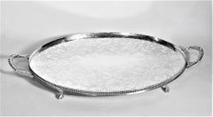 Antique English Silver Plated Footed Gallery Serving Tray with Ornate Engraving