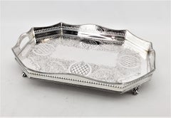 Antique English Silver Plated Footed Gallery Serving Tray with Ornate Engraving