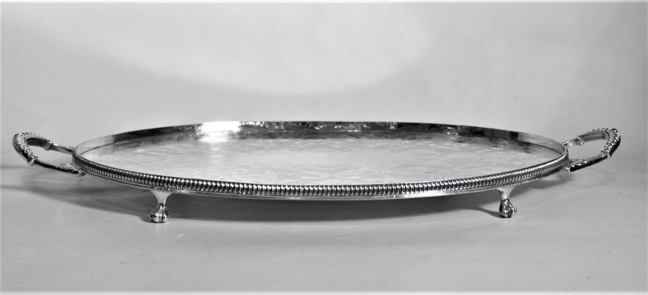 Victorian Antique English Silver Plated Footed Gallery Serving Tray with Ornate Engraving For Sale