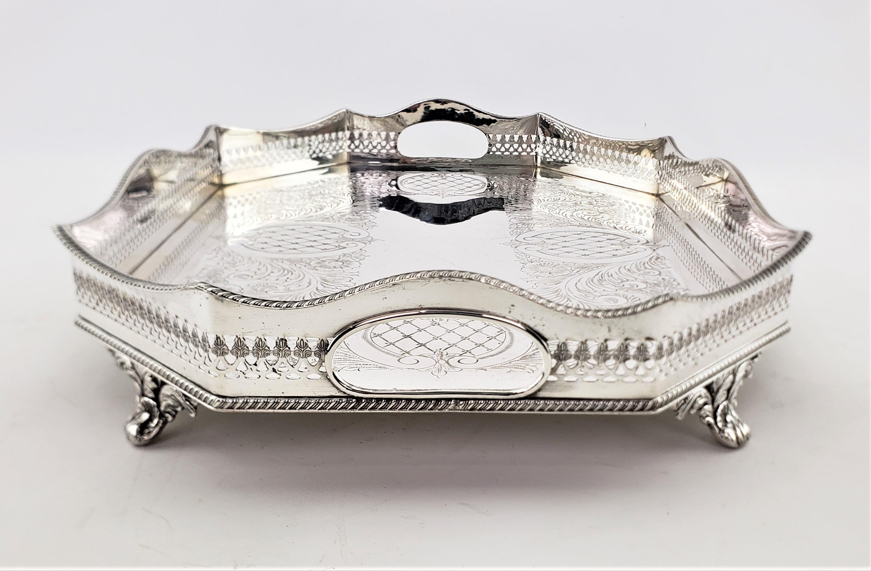 Edwardian Antique English Silver Plated Footed Gallery Serving Tray with Ornate Engraving