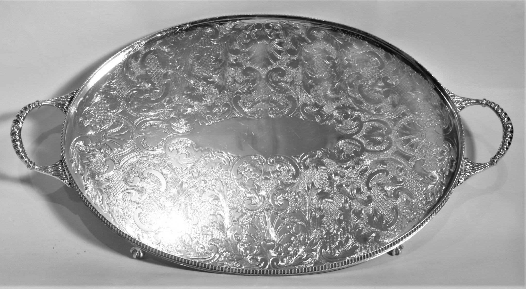 Metal Antique English Silver Plated Footed Gallery Serving Tray with Ornate Engraving For Sale