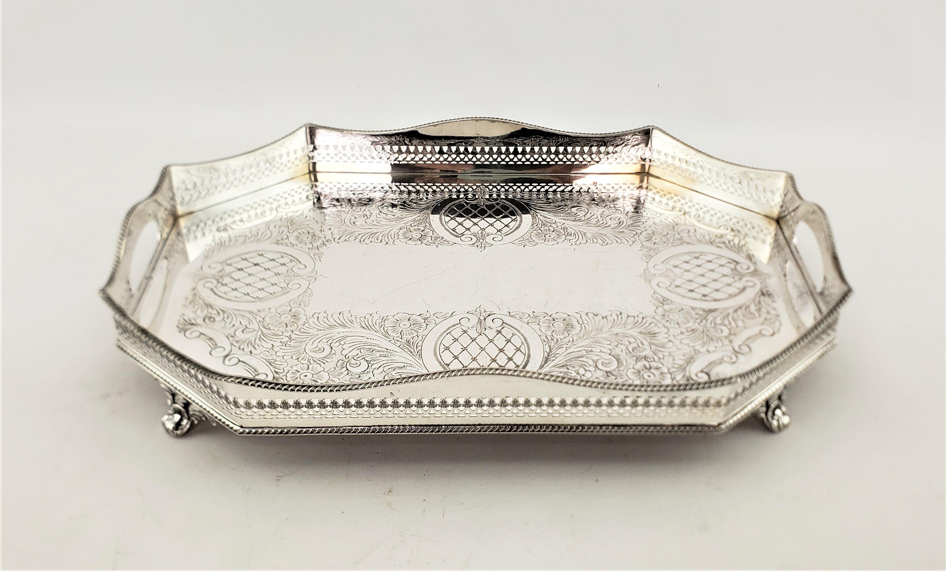 Machine-Made Antique English Silver Plated Footed Gallery Serving Tray with Ornate Engraving