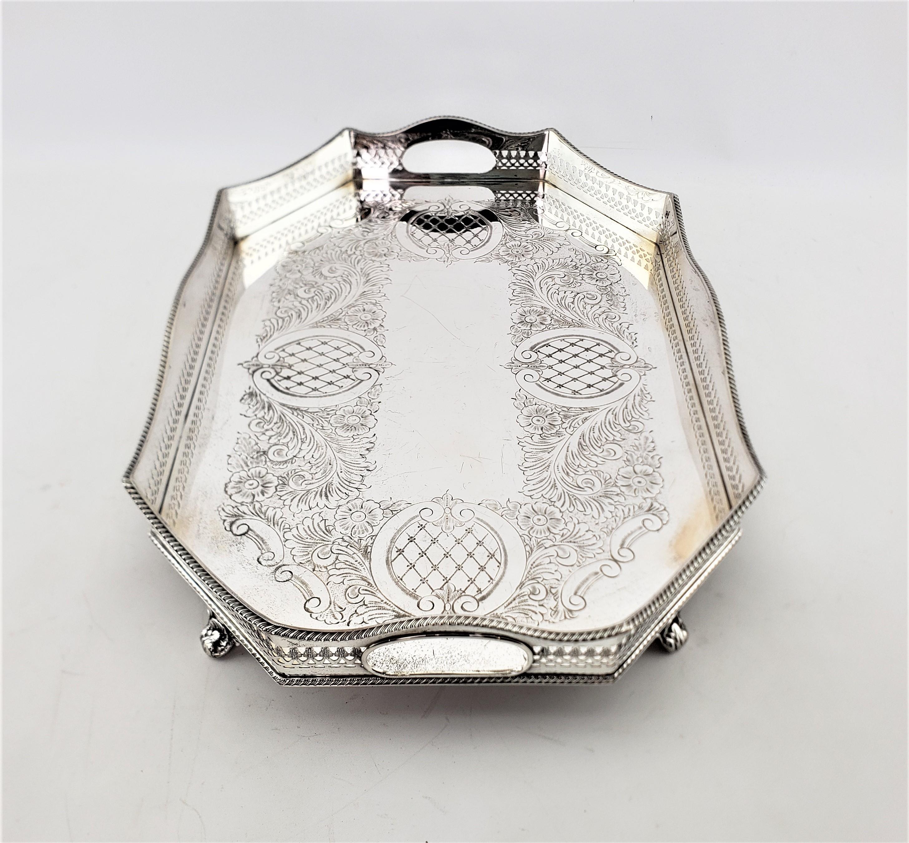 Antique English Silver Plated Footed Gallery Serving Tray with Ornate Engraving In Good Condition In Hamilton, Ontario