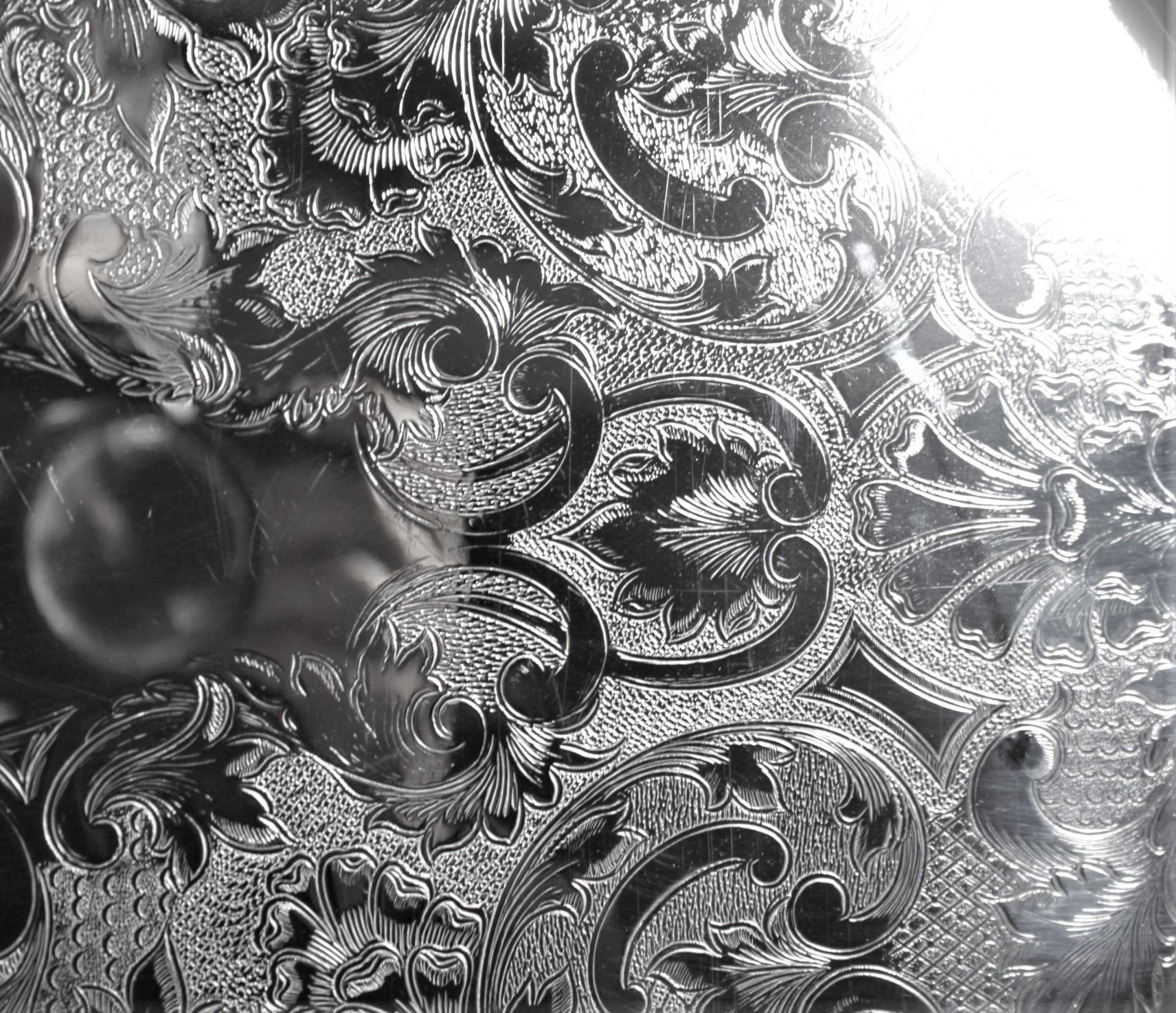 Antique English Silver Plated Footed Gallery Serving Tray with Ornate Engraving For Sale 2
