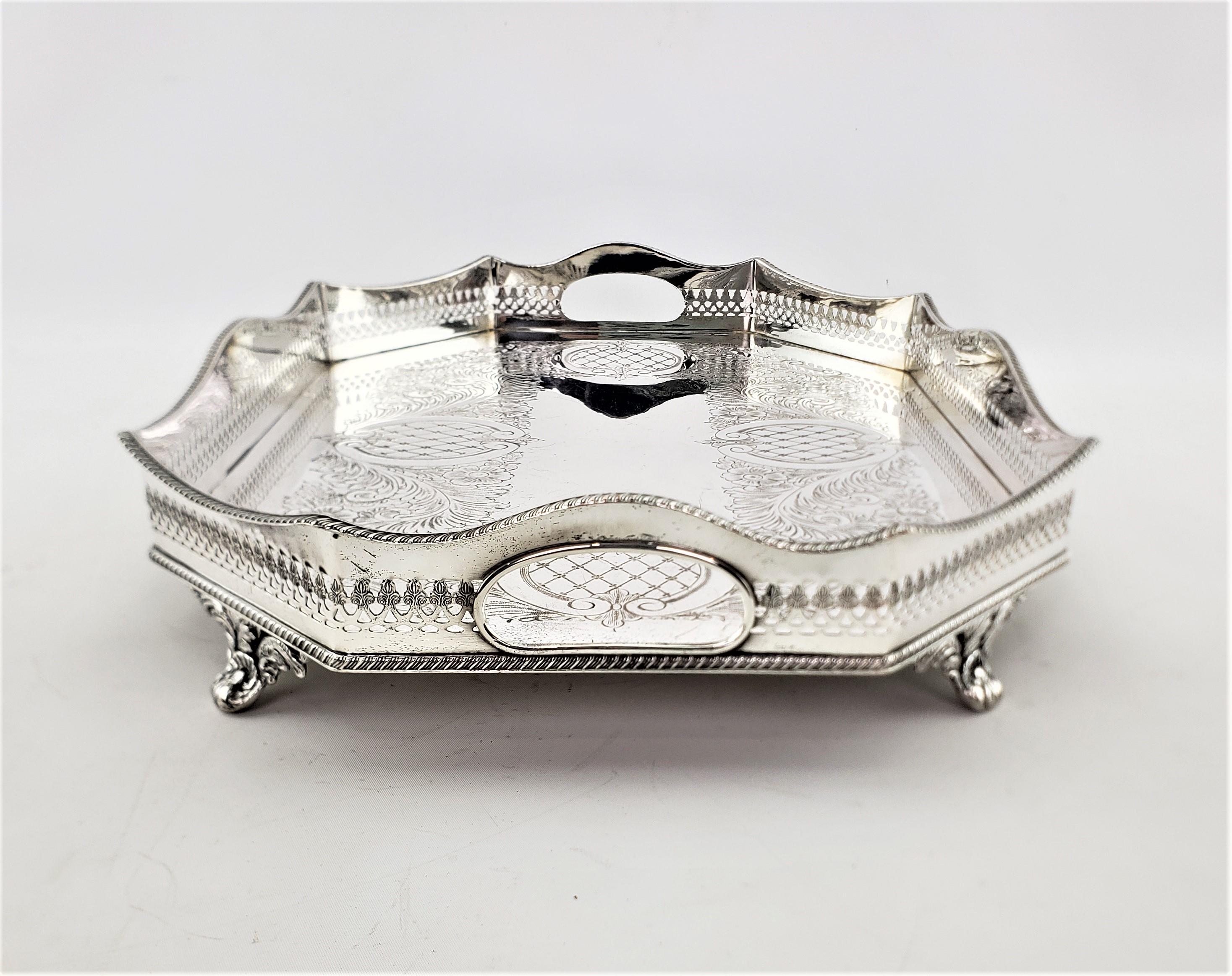 20th Century Antique English Silver Plated Footed Gallery Serving Tray with Ornate Engraving