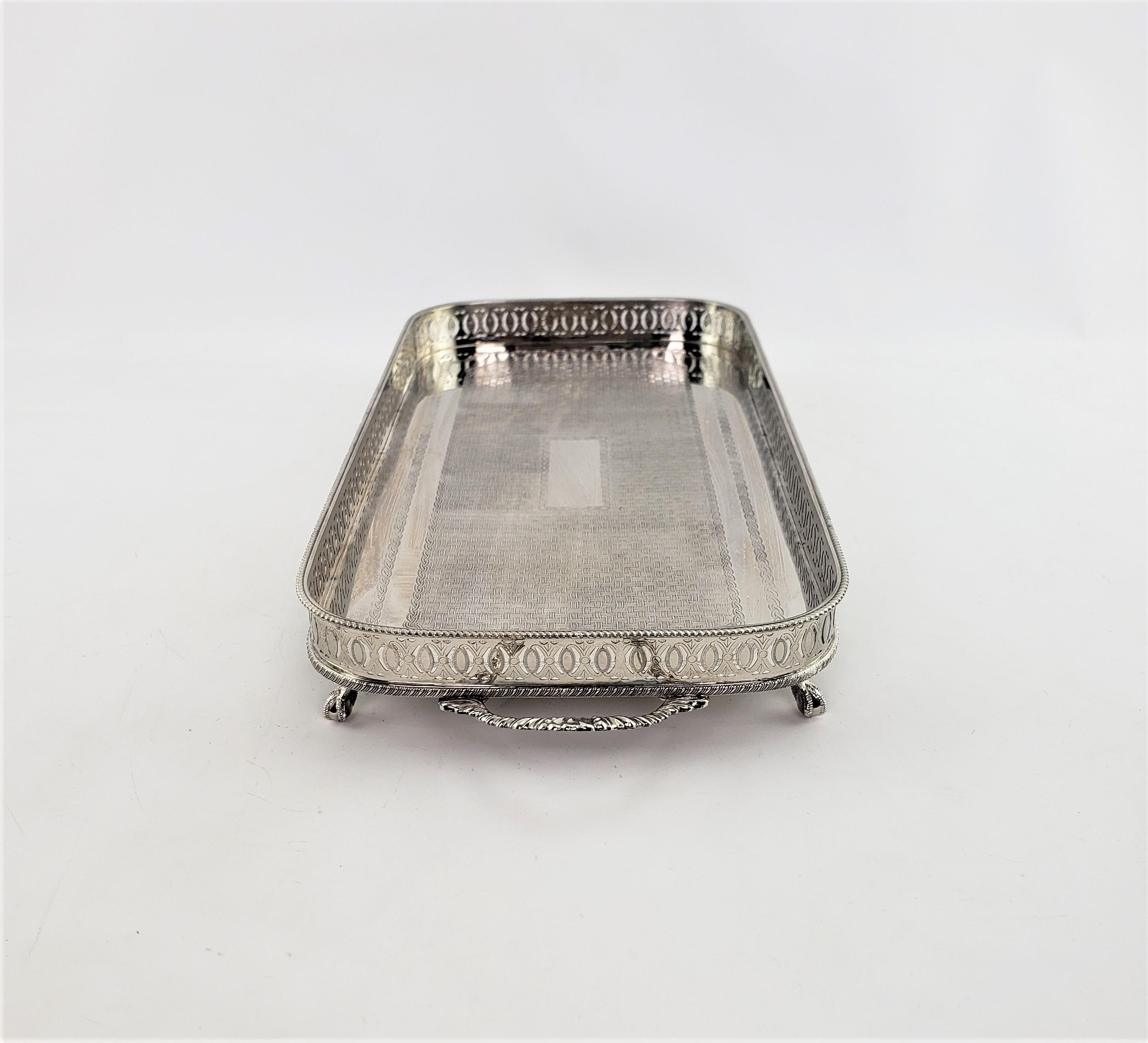 Antique English Silver Plated Gallery Serving Tray with Engraved Weave Decor For Sale 1