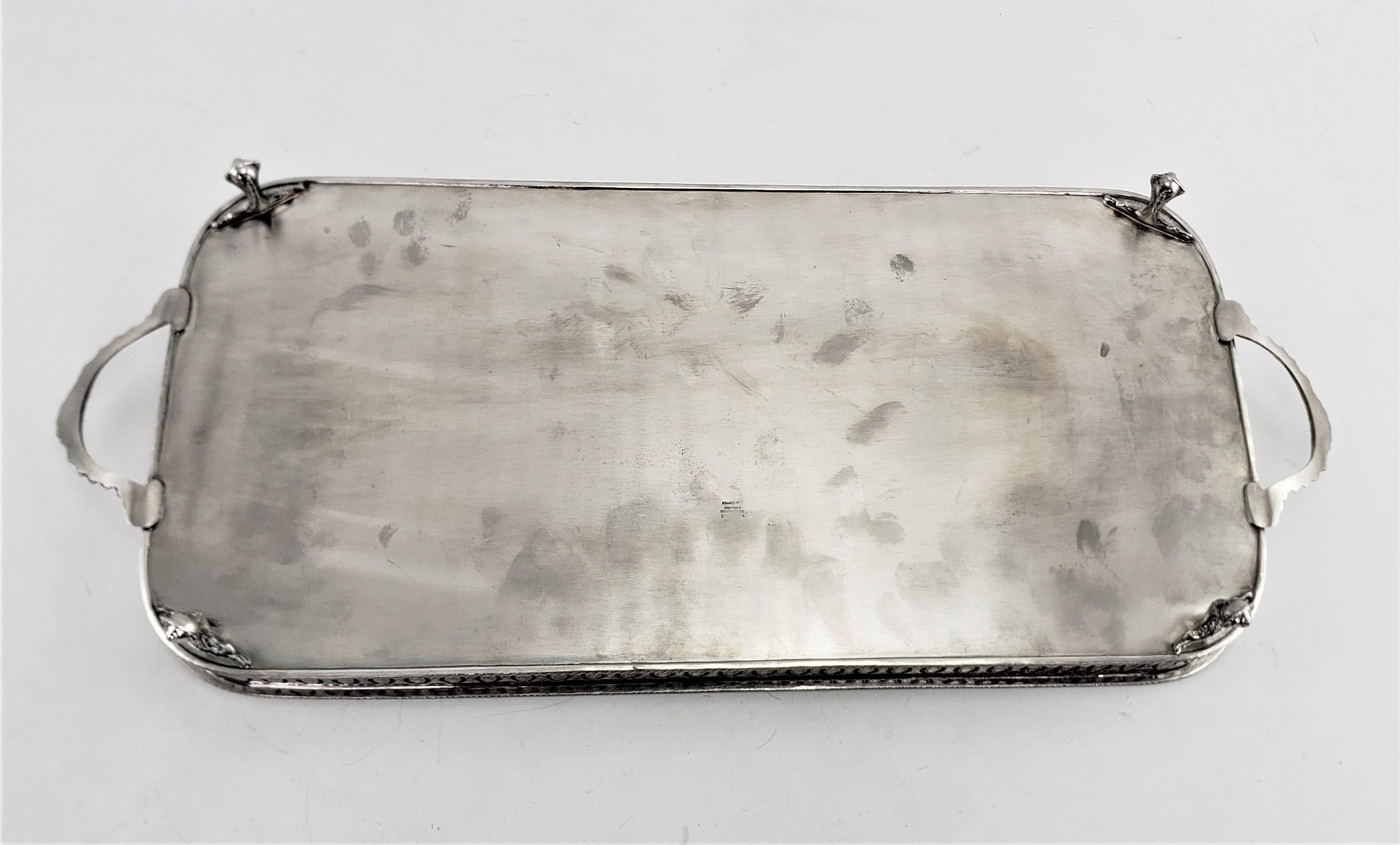Antique English Silver Plated Gallery Serving Tray with Engraved Weave Decor For Sale 2