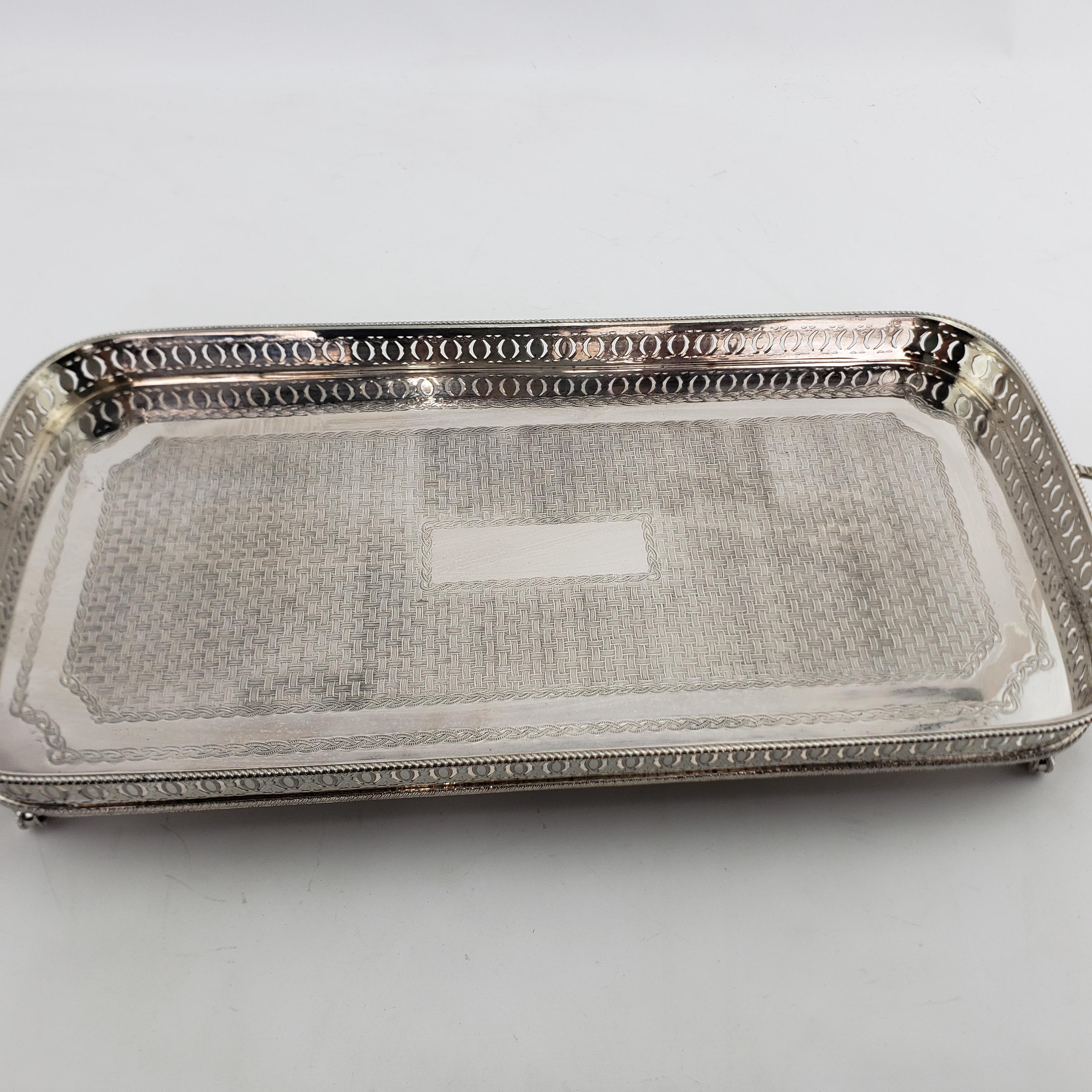 Antique English Silver Plated Gallery Serving Tray with Engraved Weave Decor For Sale 4