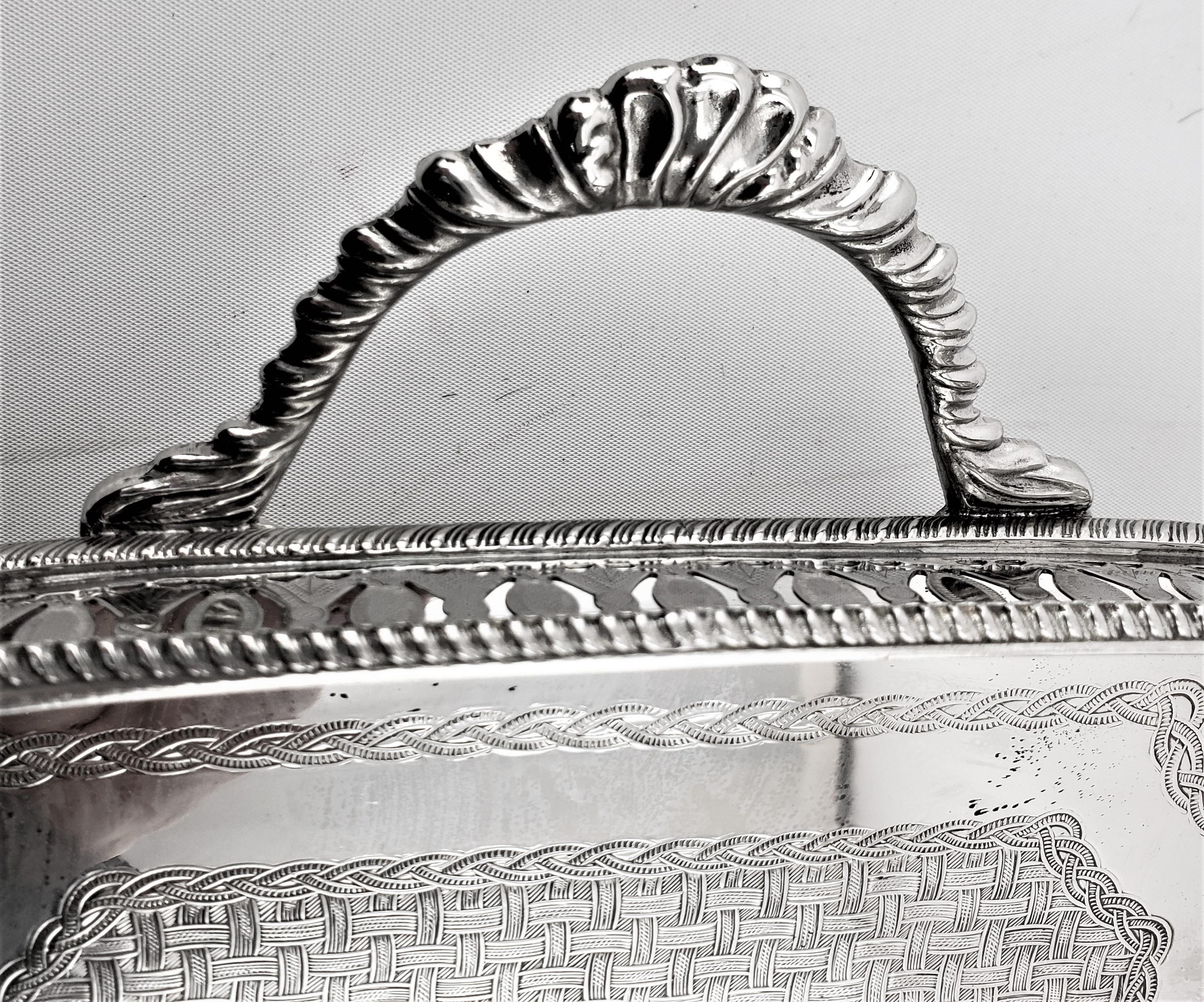 Antique English Silver Plated Gallery Serving Tray with Engraved Weave Decor For Sale 7
