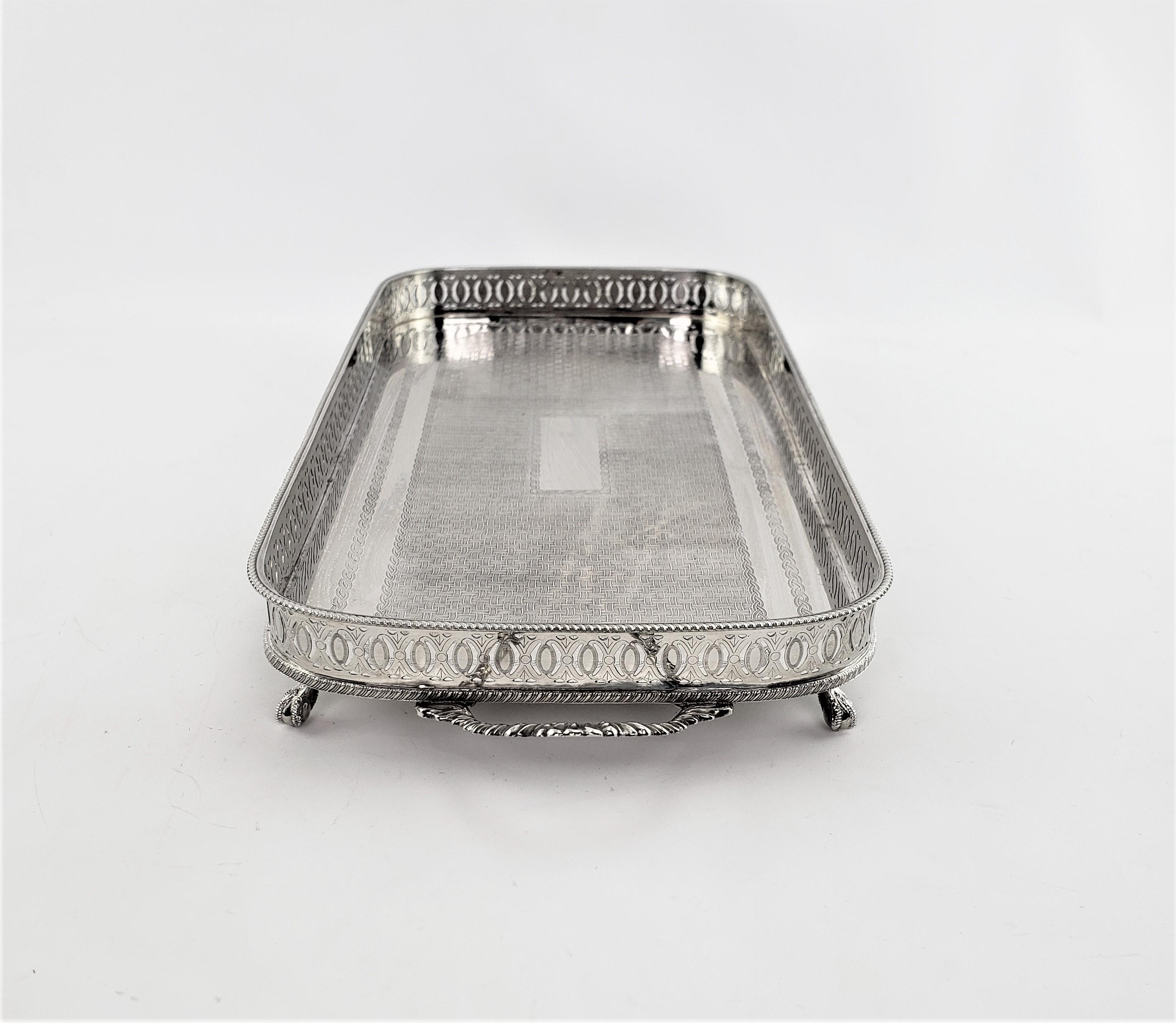 Edwardian Antique English Silver Plated Gallery Serving Tray with Engraved Weave Decor For Sale
