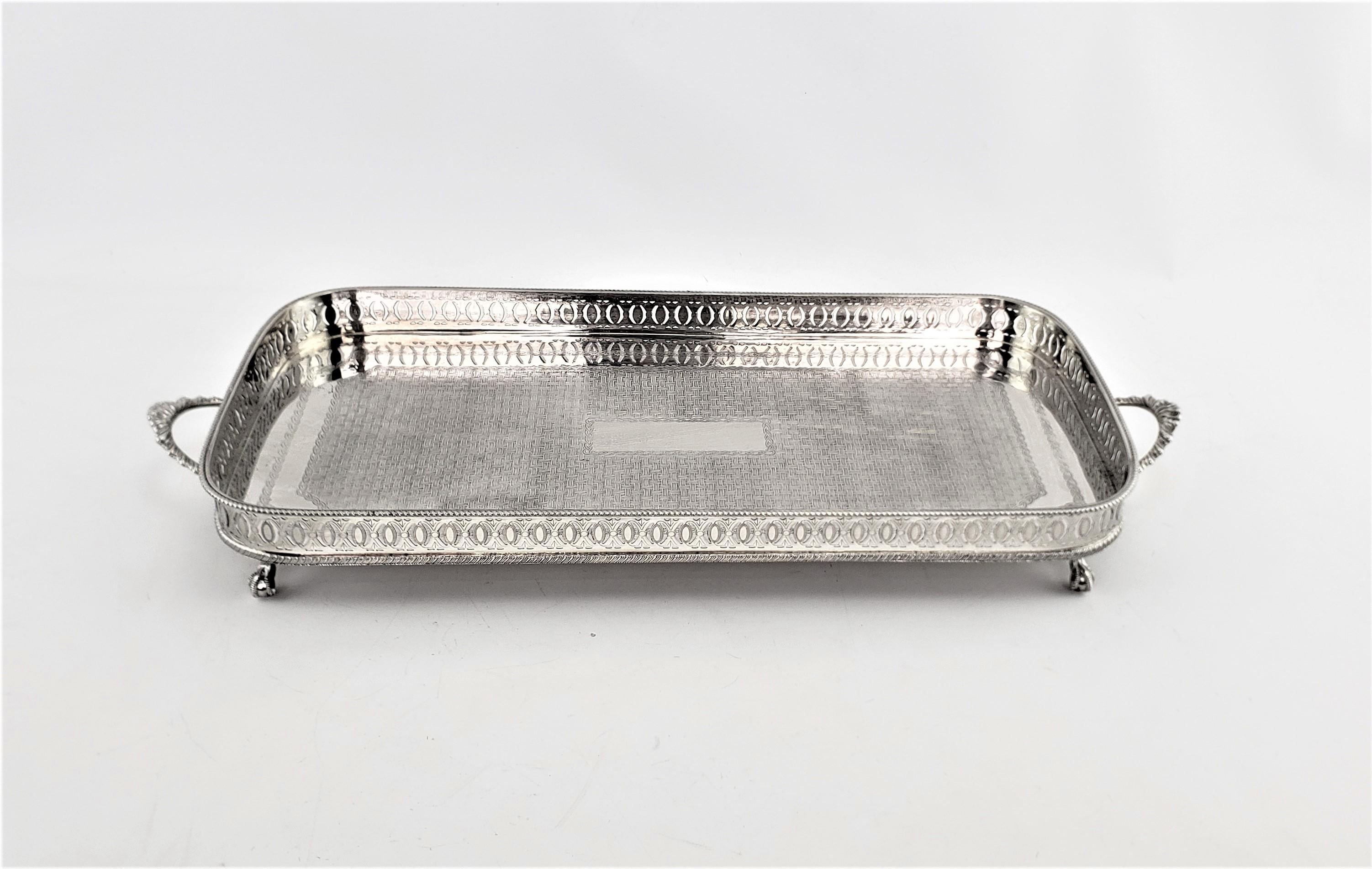 Machine-Made Antique English Silver Plated Gallery Serving Tray with Engraved Weave Decor For Sale