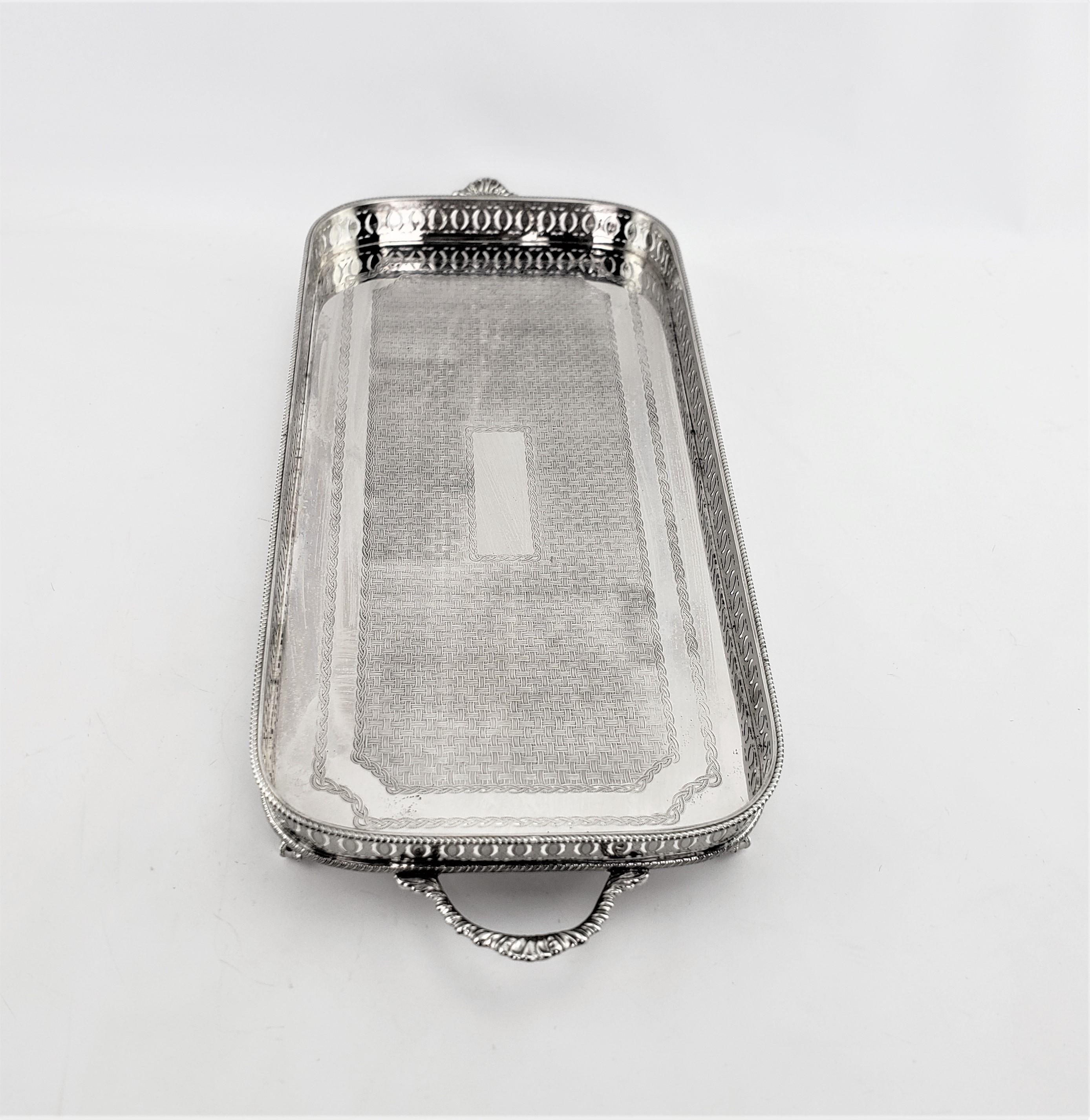 20th Century Antique English Silver Plated Gallery Serving Tray with Engraved Weave Decor For Sale