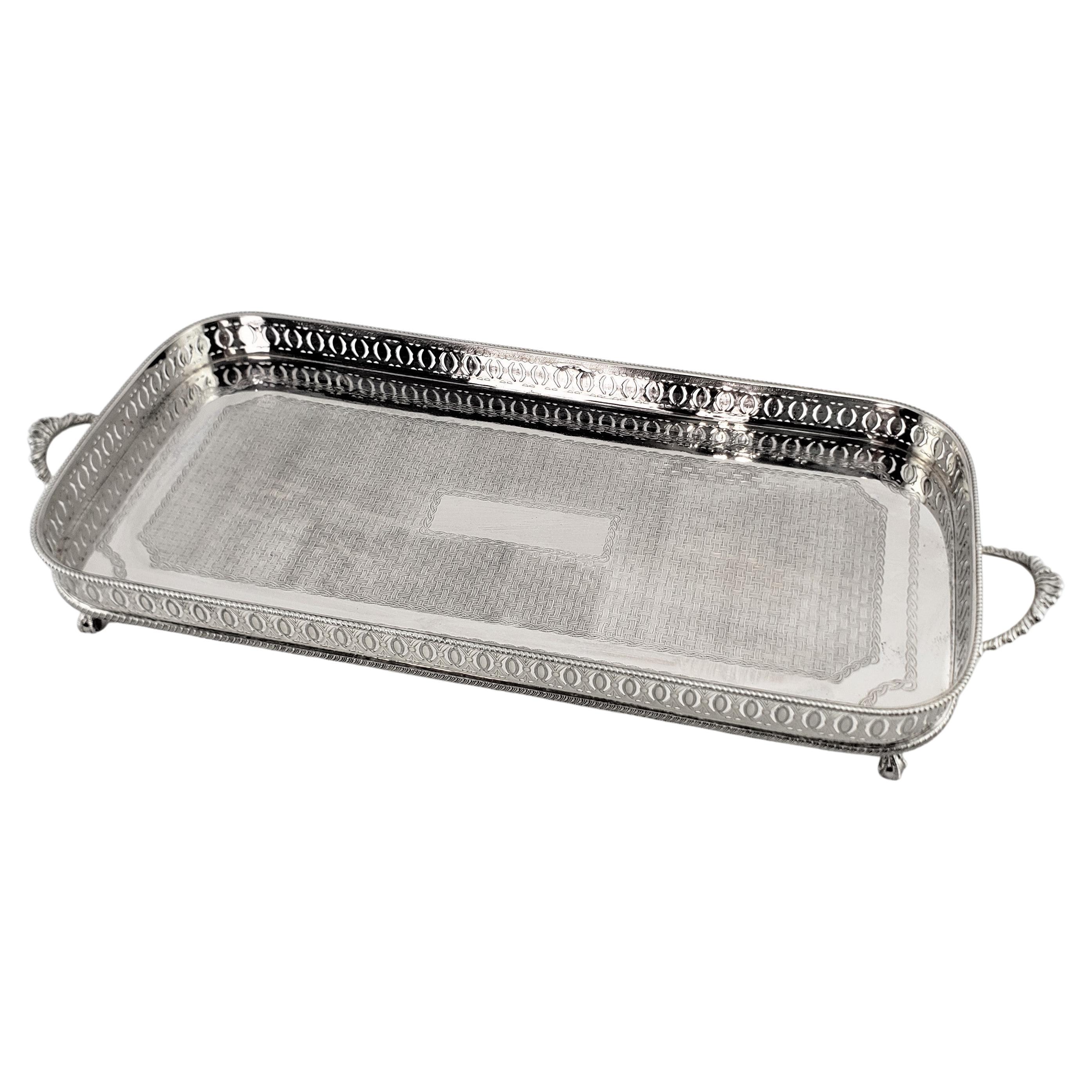 Antique English Silver Plated Gallery Serving Tray with Engraved Weave Decor For Sale