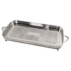 Antique English Silver Plated Gallery Serving Tray with Engraved Weave Decor