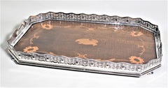 Antique English Silver Plated Gallery Serving Tray with Marquetry Inlay