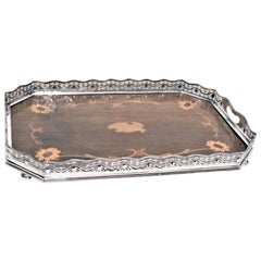 Antique English Silver Plated Gallery Serving Tray with Marquetry Inlay