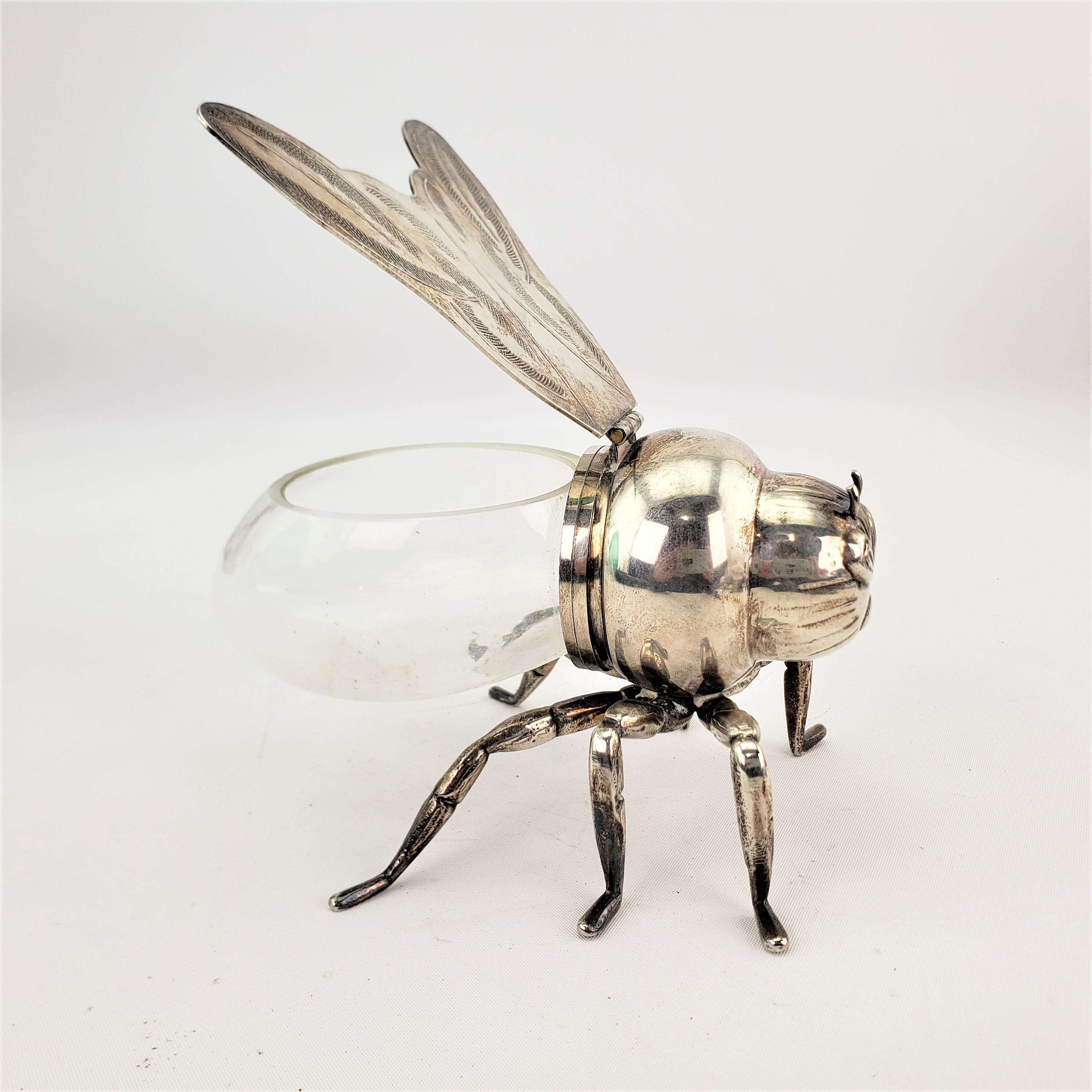 Antique English Silver Plated & Glass Figural Bee or Wasp Condiment or Honey Pot 1