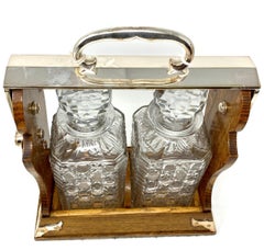 Antique English Silver Plated Golden Oak 2-Bottle Betjemann Tantalus, circa 1890