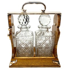 Antique English Silver Plated Golden Oak 2-Bottle Betjemann Tantalus, circa 1890