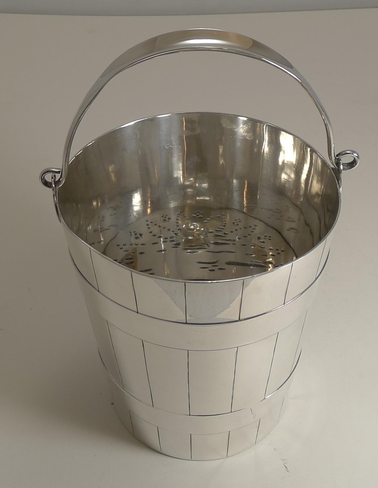 Edwardian Antique English Silver Plated Ice Bucket / Pail and Tongs, circa 1900