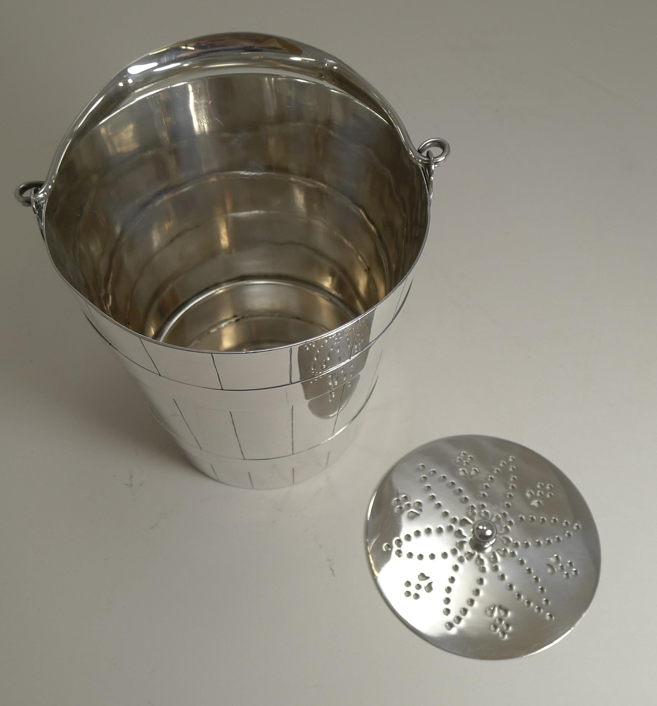 Early 20th Century Antique English Silver Plated Ice Bucket / Pail and Tongs, circa 1900