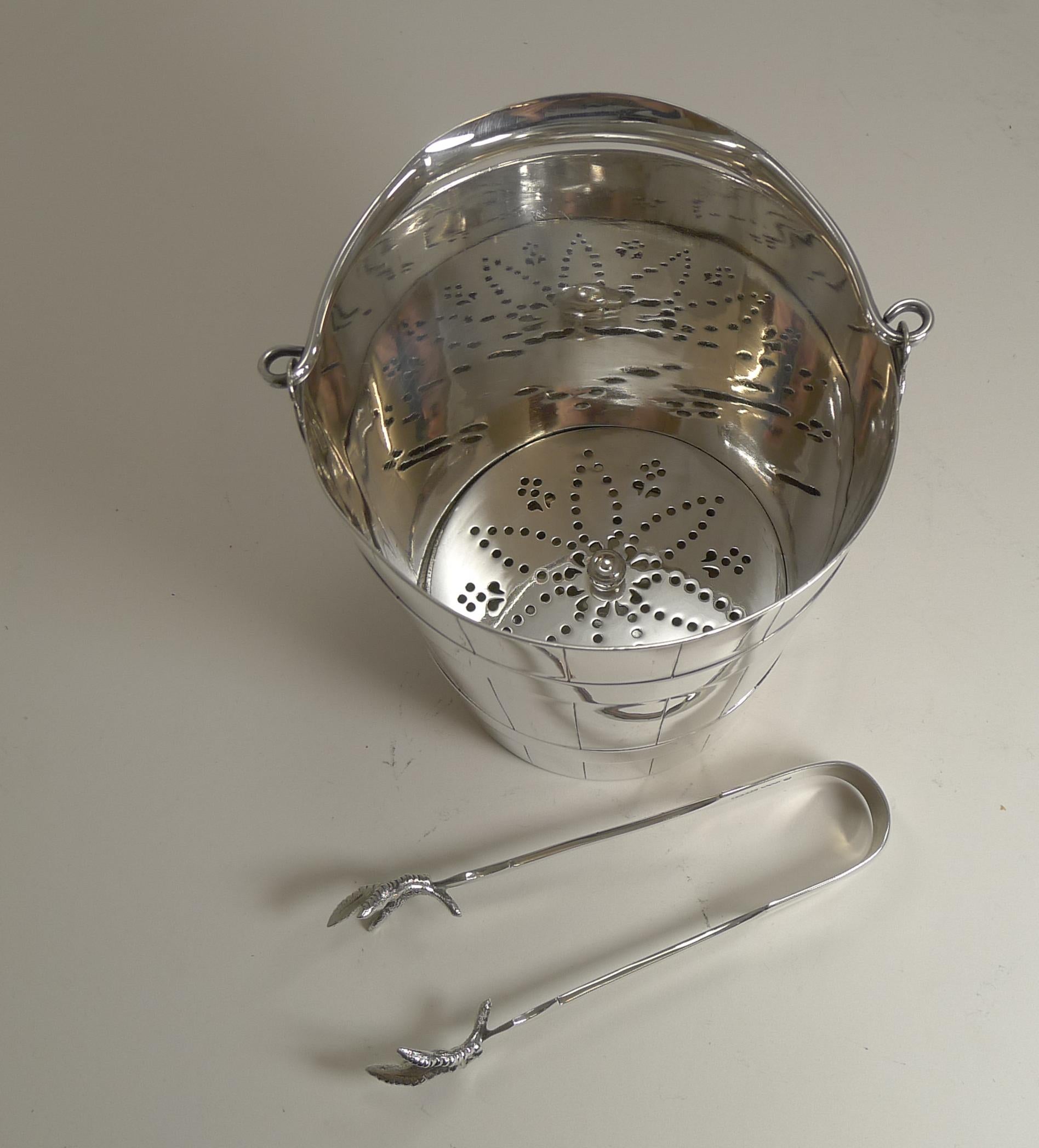 Antique English Silver Plated Ice Bucket / Pail and Tongs, circa 1900 1