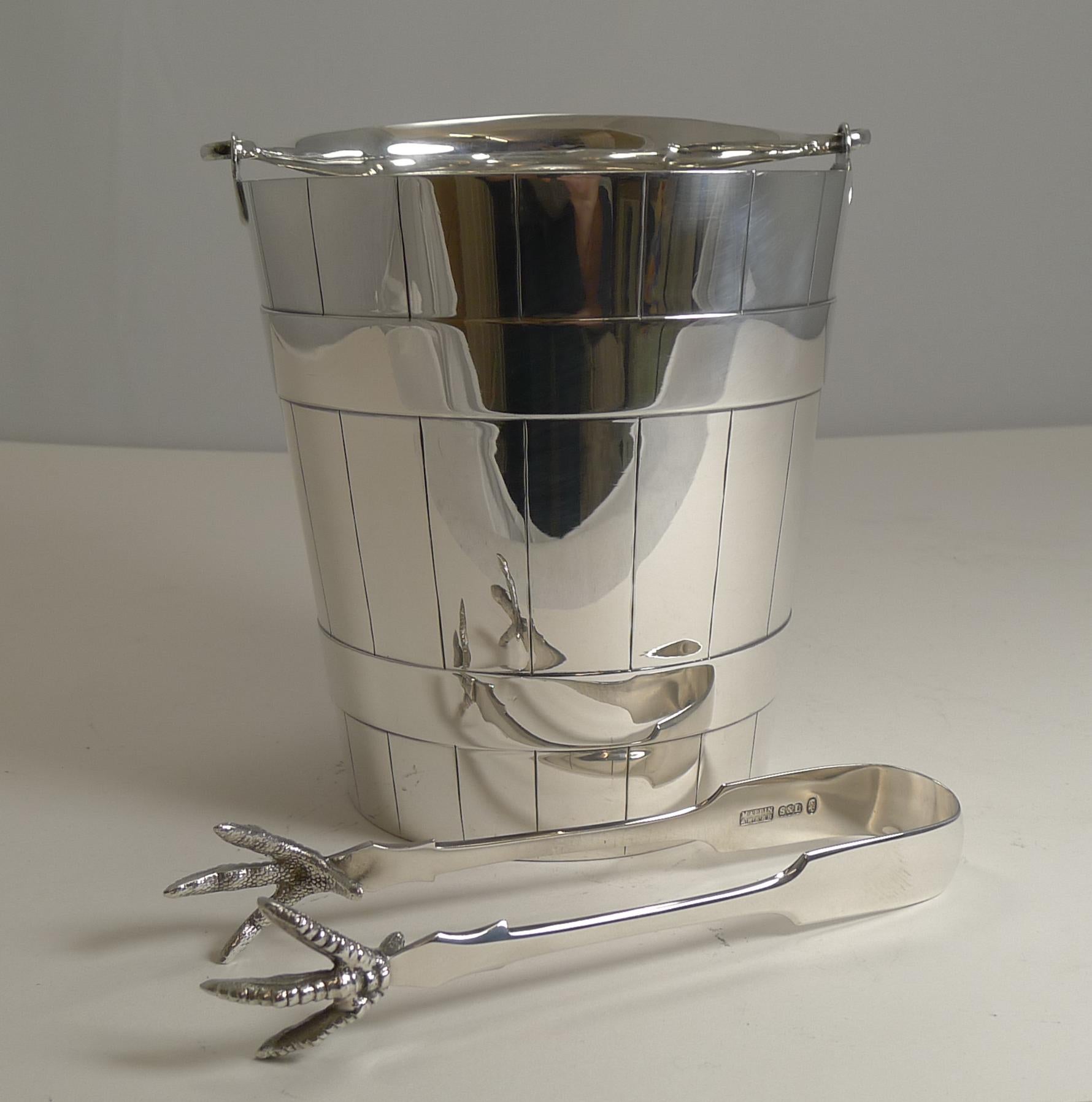 Antique English Silver Plated Ice Bucket / Pail and Tongs, circa 1900 2