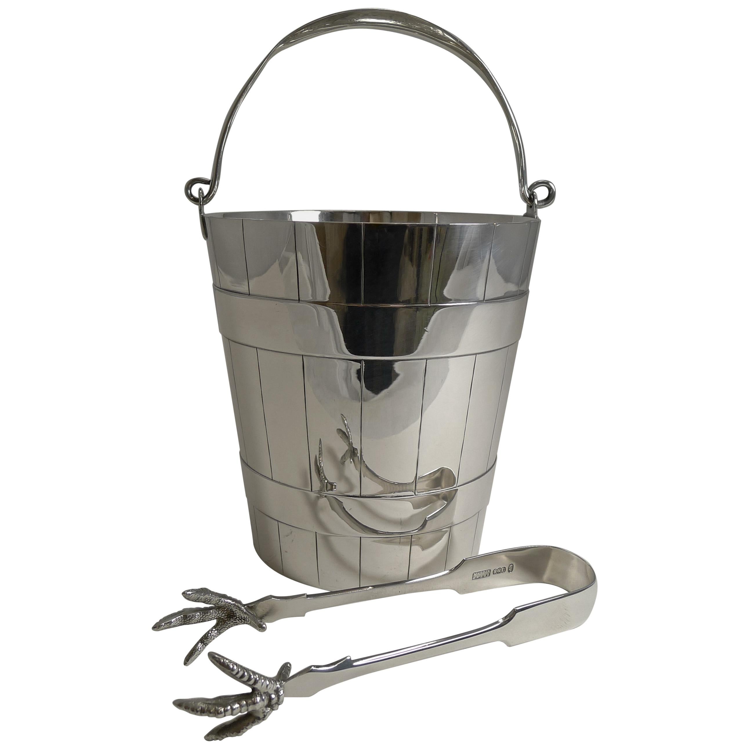 Antique English Silver Plated Ice Bucket / Pail and Tongs, circa 1900