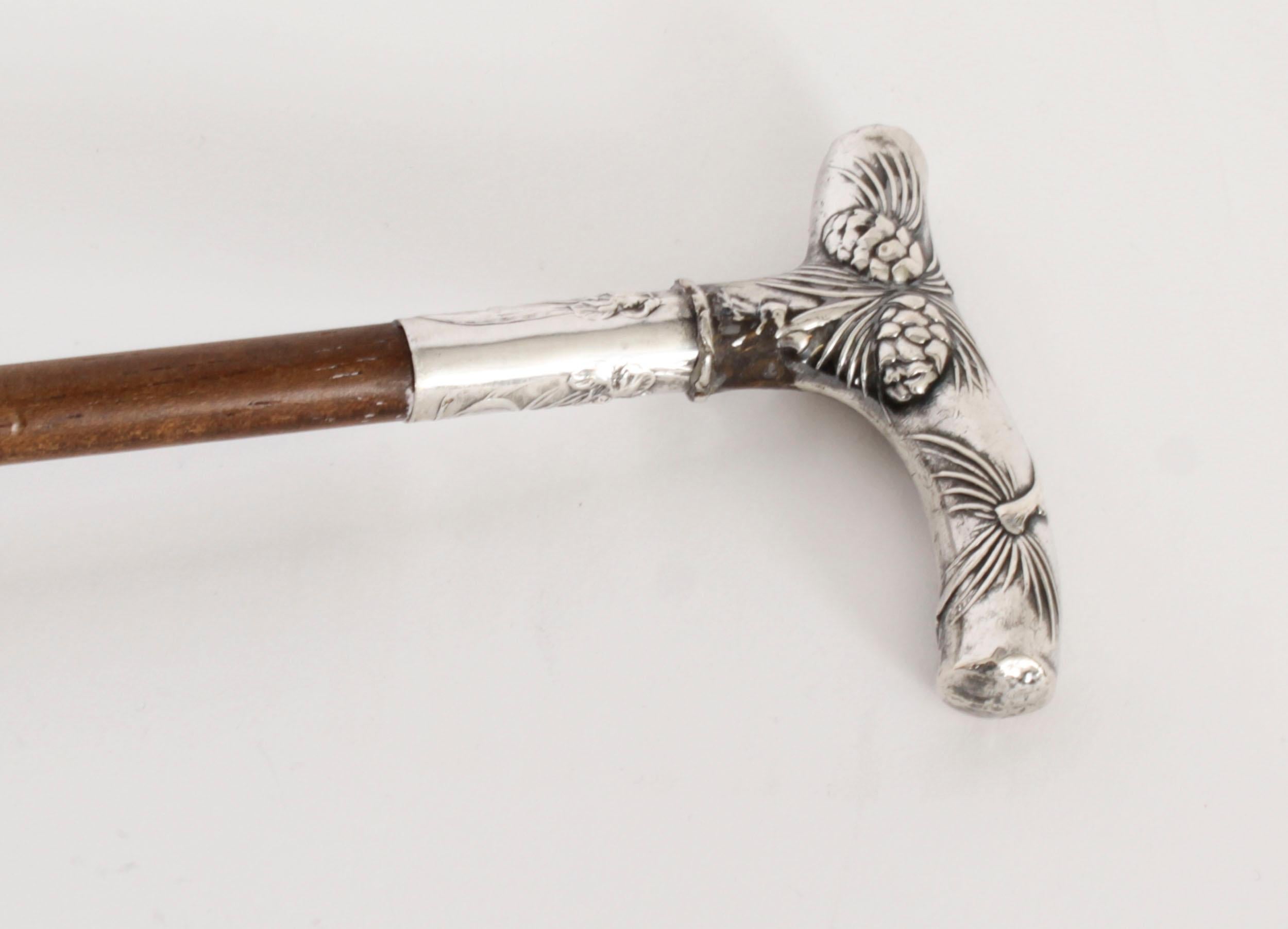 Late 19th Century Antique English Silver Plated Malacca Walking Stick Cane 19th Century