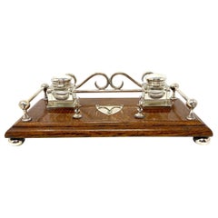 Antique English Silver-Plated Oak Inkwell circa 1890