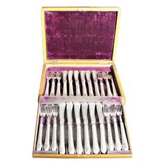 Antique English Silver Plated & Ornately Engraved Boxed Fish Set: 24 Pieces