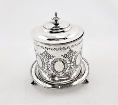 Antique English Silver Plated Oval Biscuit Barrel with Elaborate Engraving